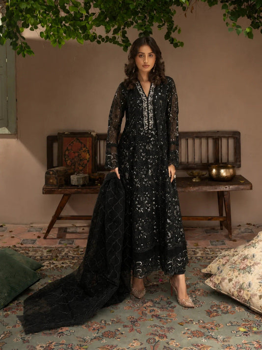 Black Manahil Arts Organza Embellished Stitched 3-Piece Suit-K-151-Black