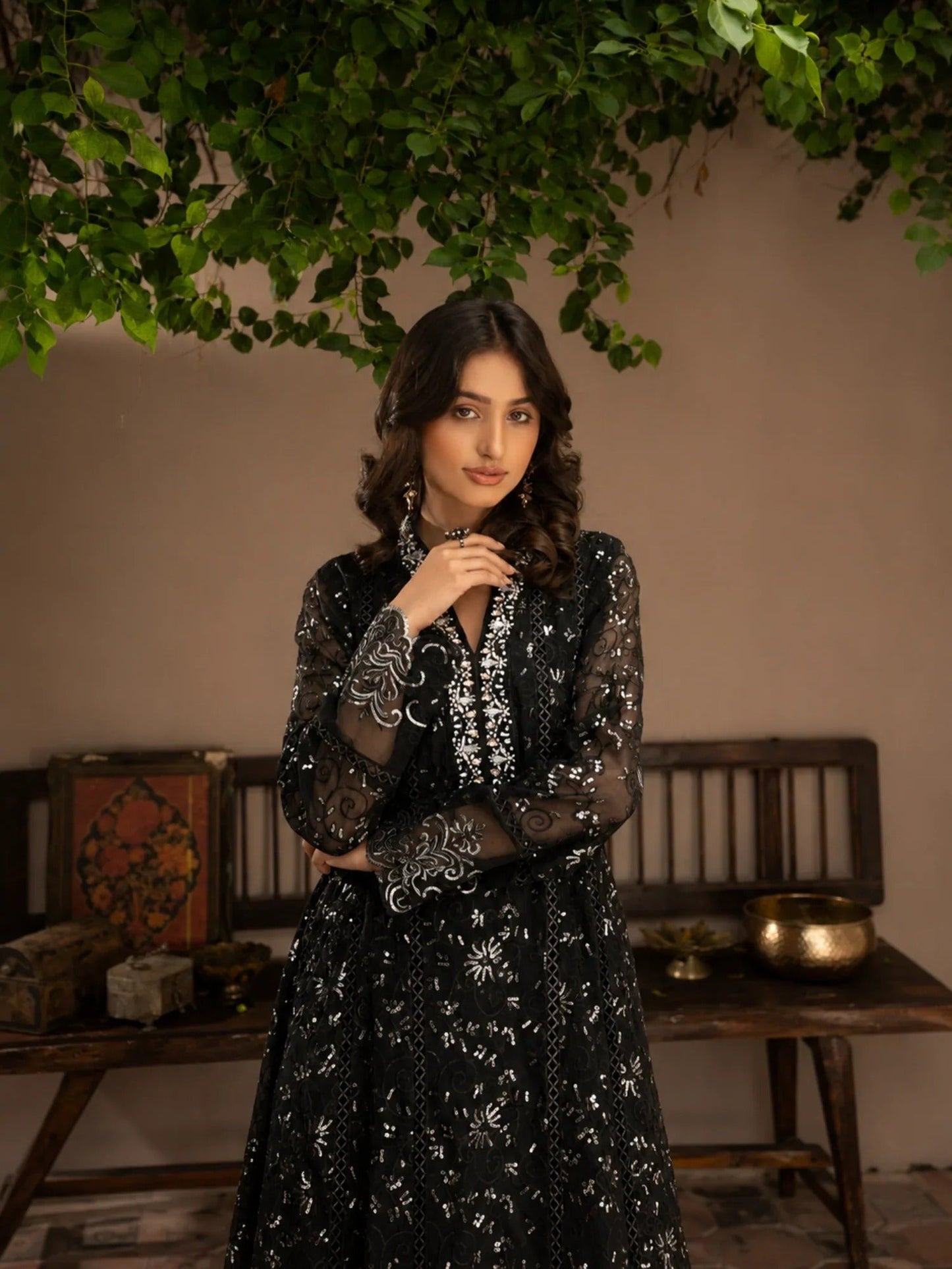 Black Manahil Arts Organza Embellished Stitched 3-Piece Suit-K-151-Black