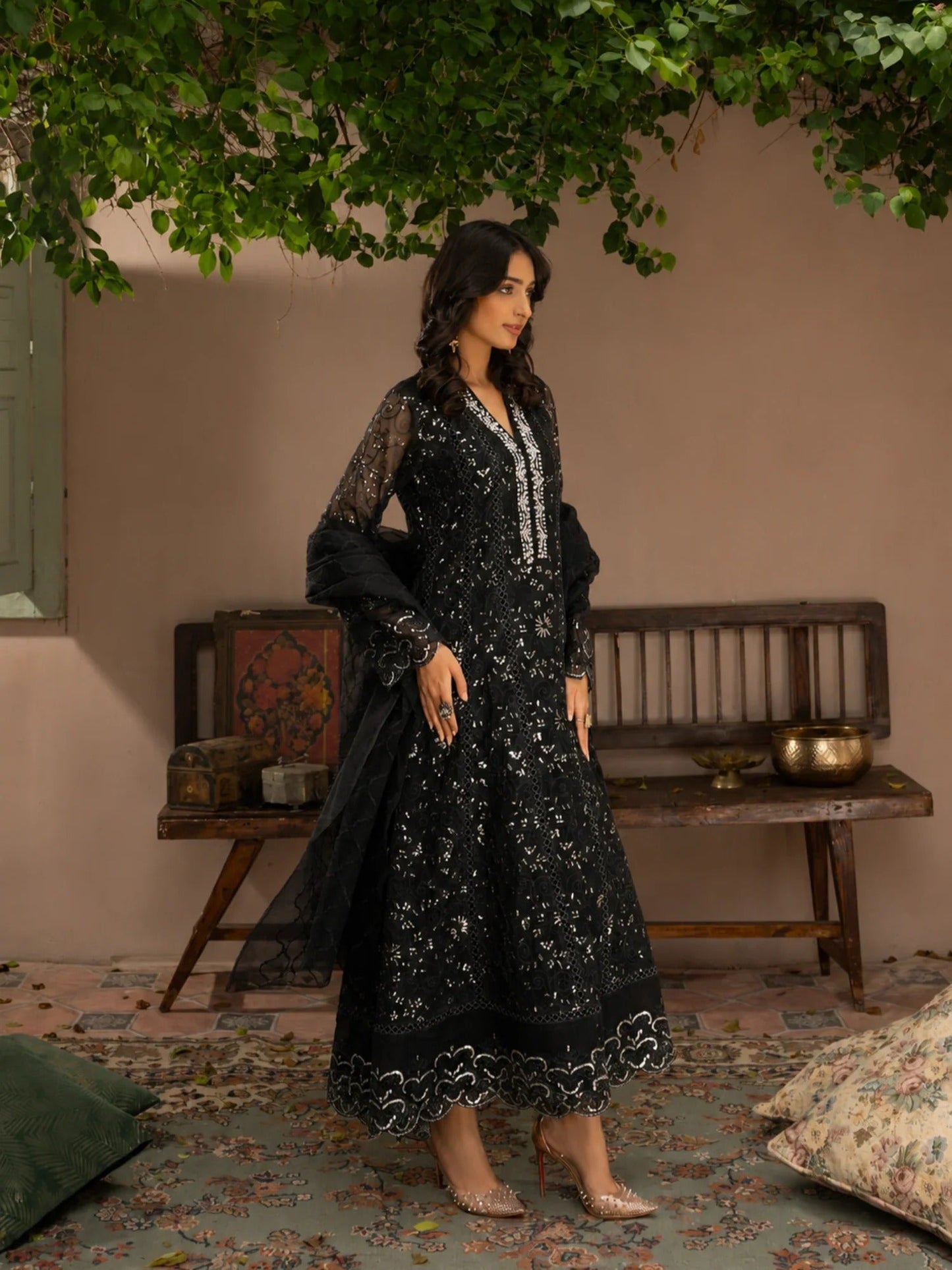 Black Manahil Arts Organza Embellished Stitched 3-Piece Suit-K-151-Black
