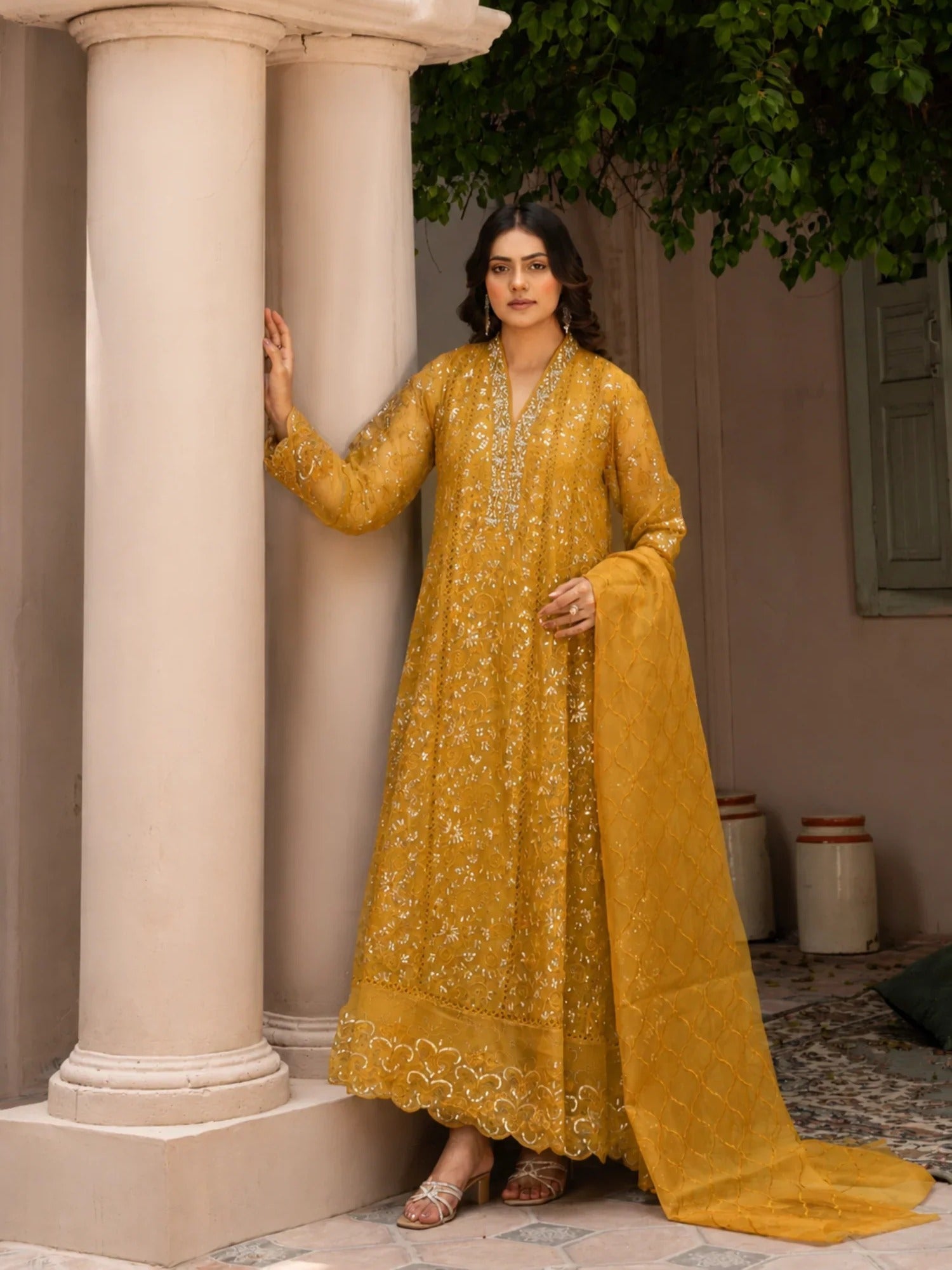 Manahil Arts Organza Embellished Stitched 3-Piece Suit-K-151-Mustard