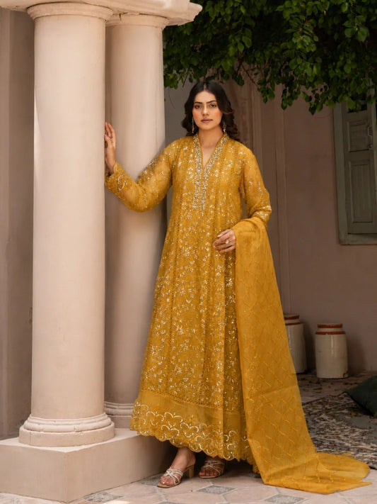Manahil Arts Organza Embellished Stitched 3-Piece Suit-K-151-Mustard