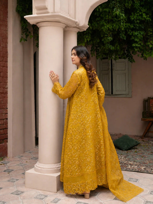 Manahil Arts Organza Embellished Stitched 3-Piece Suit-K-151-Mustard