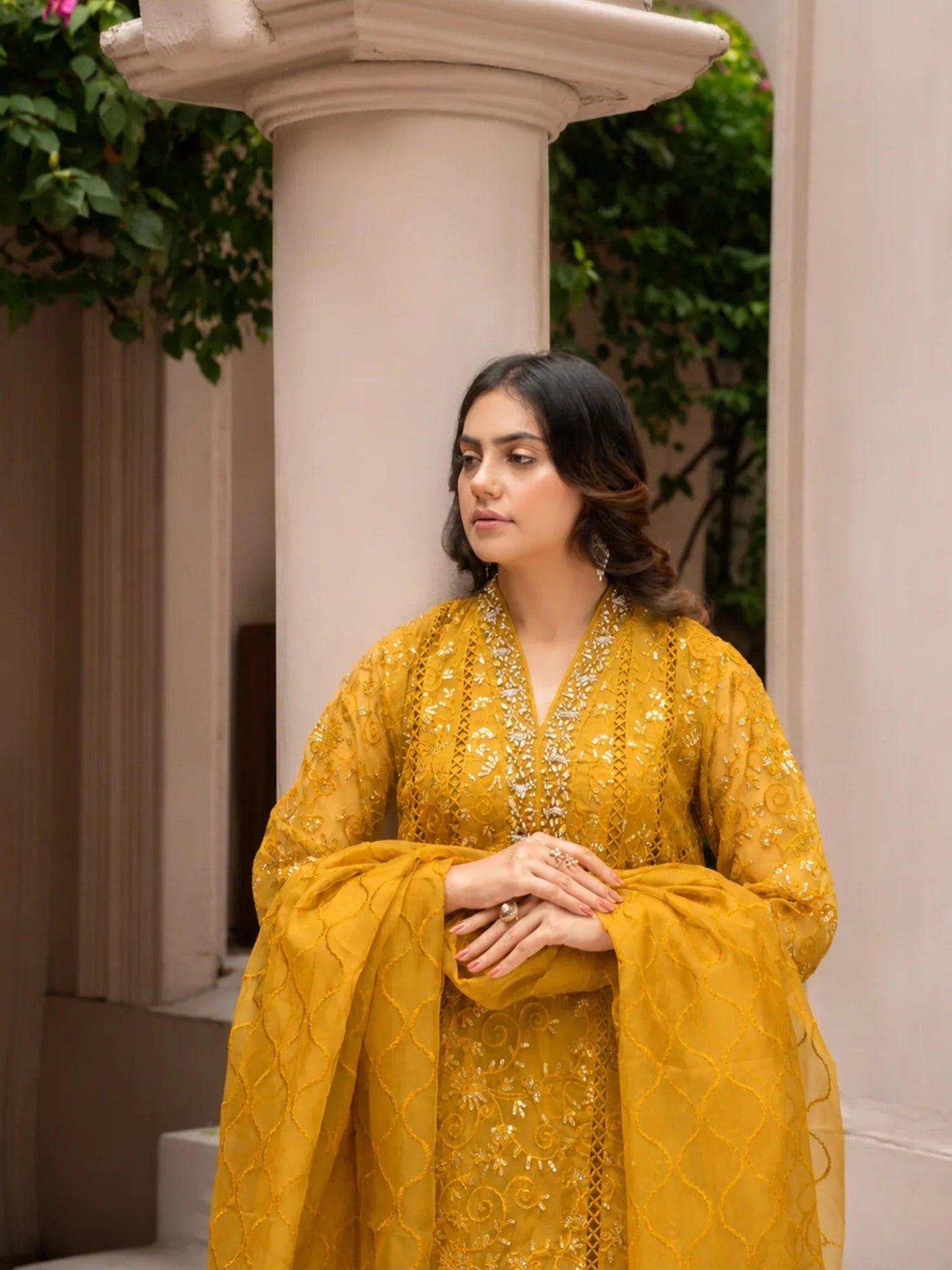 Manahil Arts Organza Embellished Stitched 3-Piece Suit-K-151-Mustard