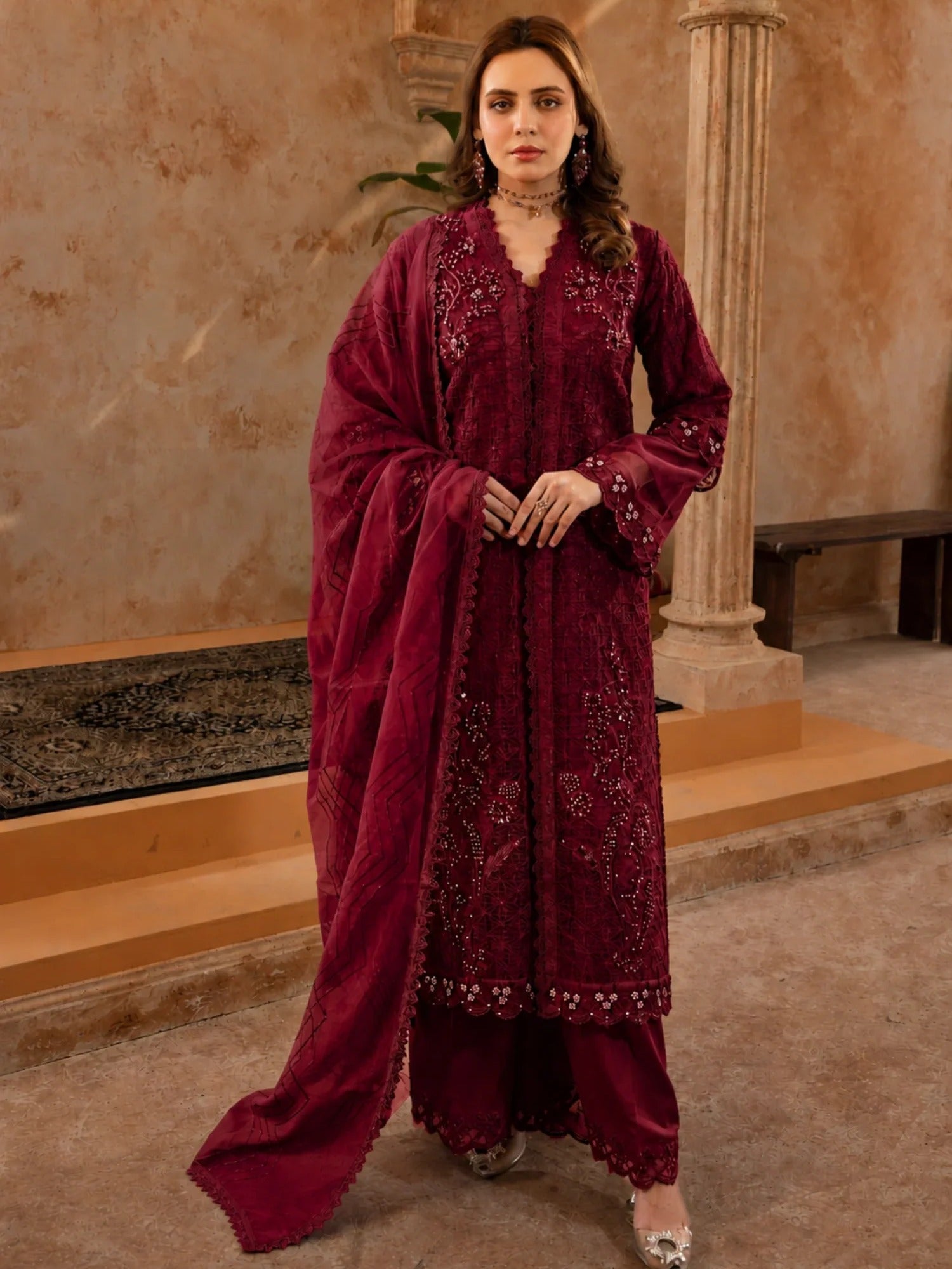 MaroonManahil Arts Organza Embellished Stitched 4-Piece Suit-Style code :181-Maroon