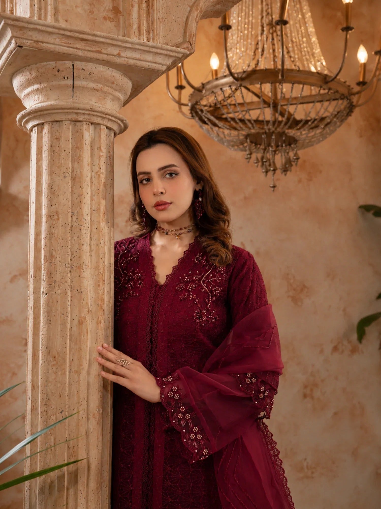 MaroonManahil Arts Organza Embellished Stitched 4-Piece Suit-Style code :181-Maroon