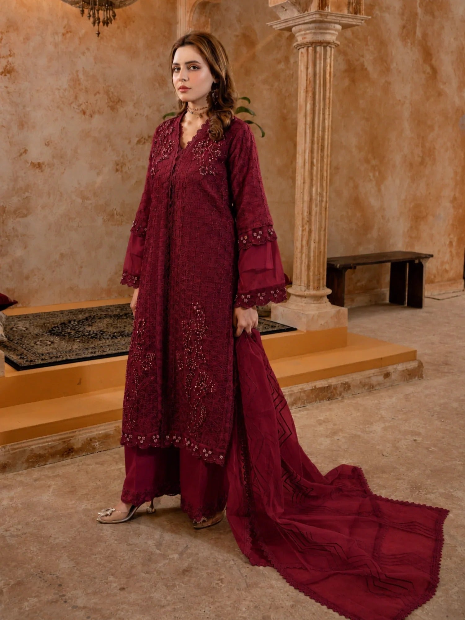 MaroonManahil Arts Organza Embellished Stitched 4-Piece Suit-Style code :181-Maroon