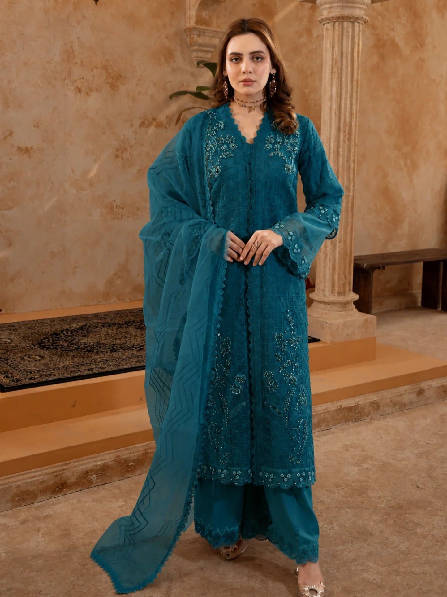 Manahil Arts Organza Embellished Stitched 4-Piece Suit-Style code :181-Bondi Blue