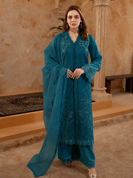 Manahil Arts Organza Embellished Stitched 4-Piece Suit-Style code :181-Bondi Blue