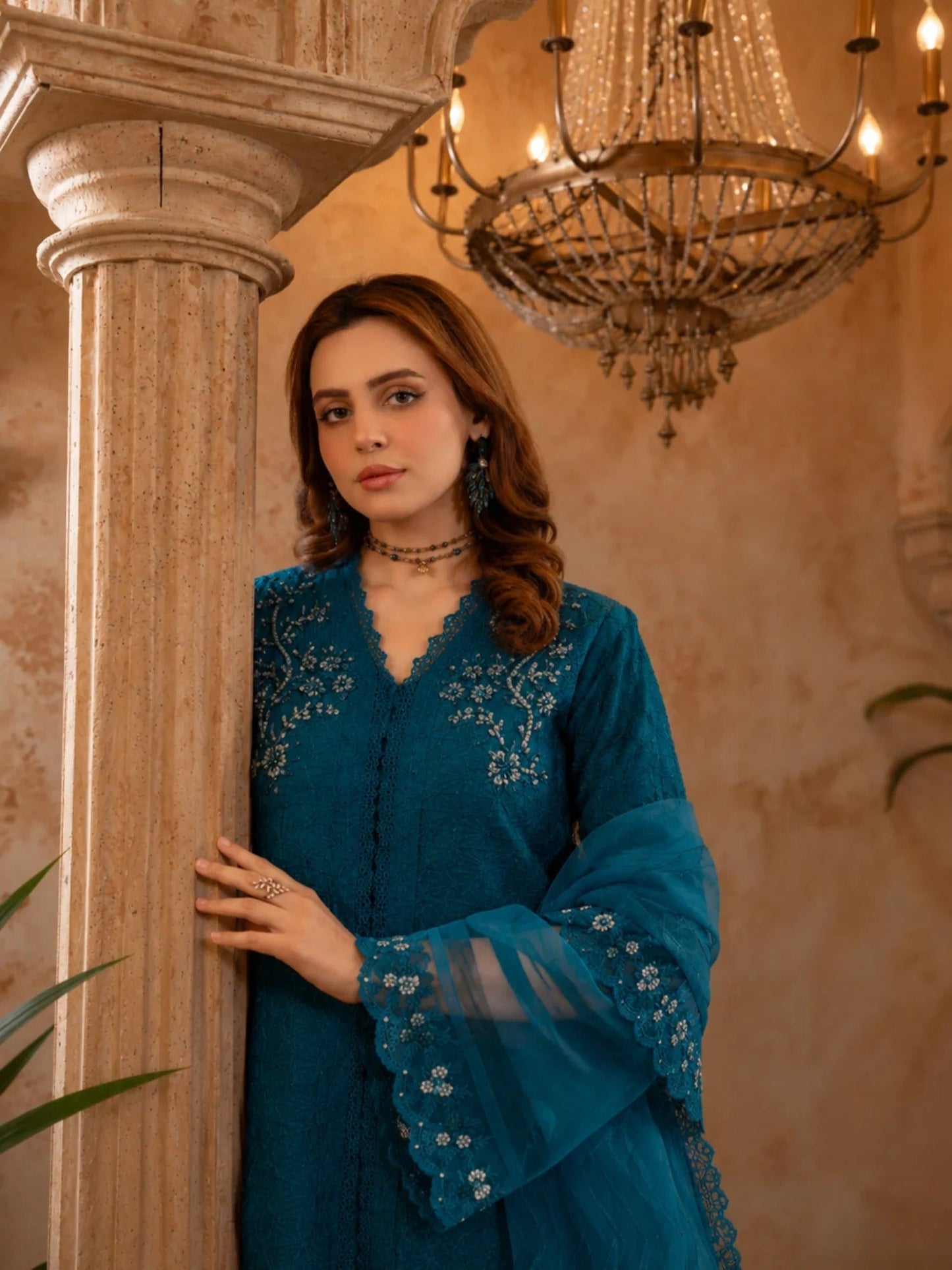 Manahil Arts Organza Embellished Stitched 4-Piece Suit-Style code :181-Bondi Blue
