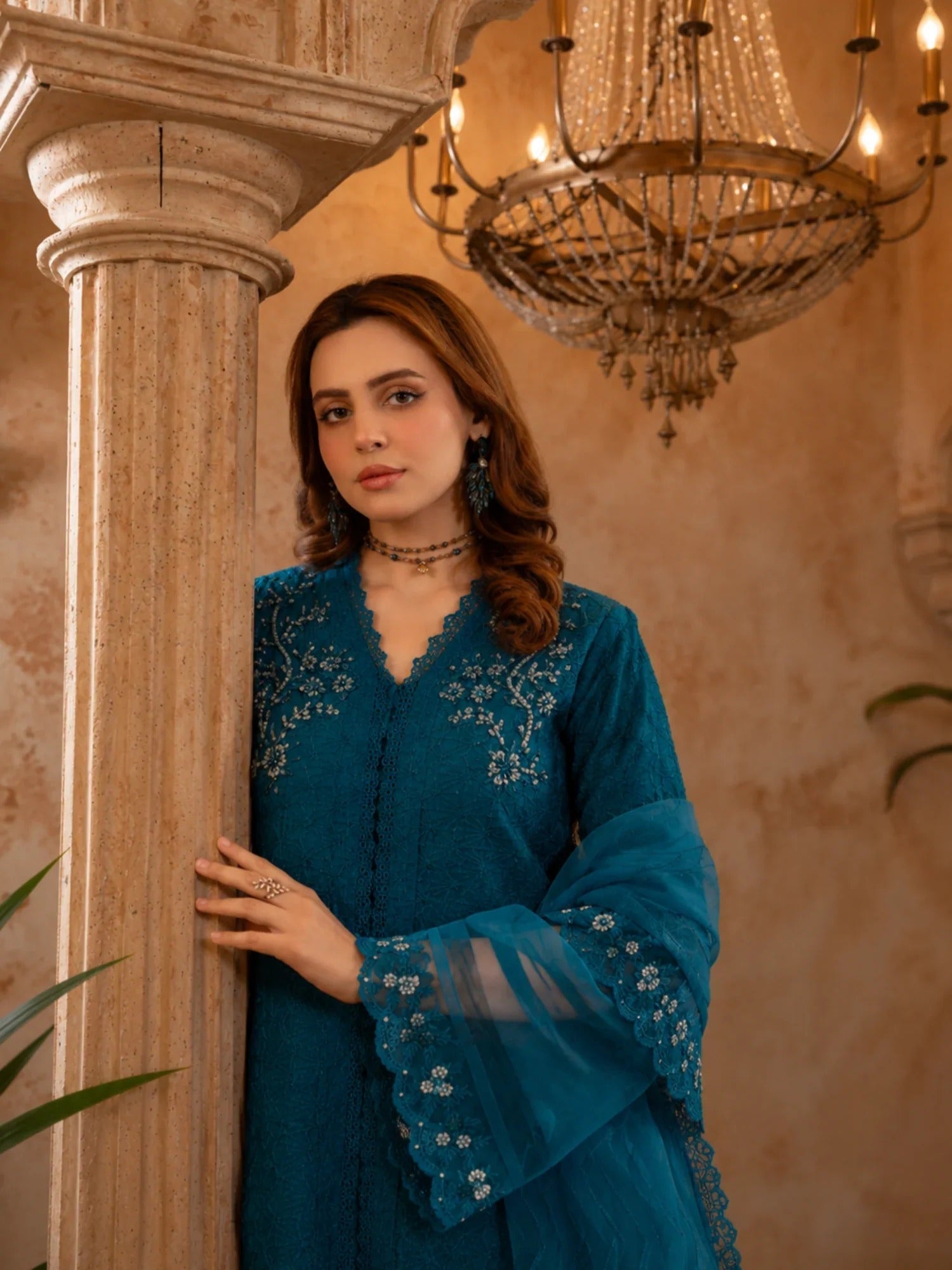 Manahil Arts Organza Embellished Stitched 4-Piece Suit-Style code :181-Bondi Blue