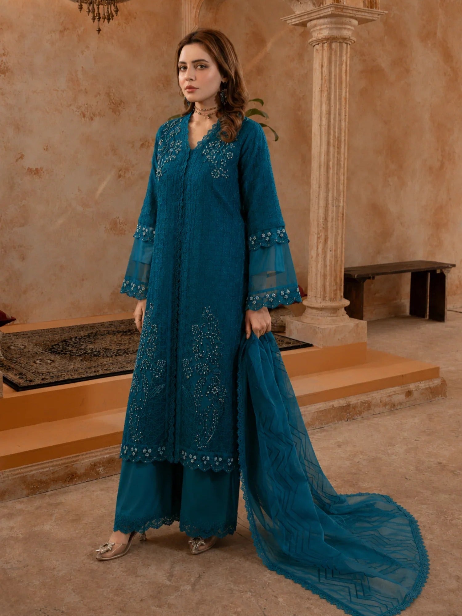 Manahil Arts Organza Embellished Stitched 4-Piece Suit-Style code :181-Bondi Blue