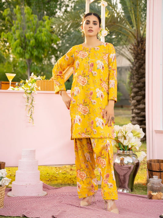 Yellow-Hussain Lawn Printed Stitched 2-Piece Suit