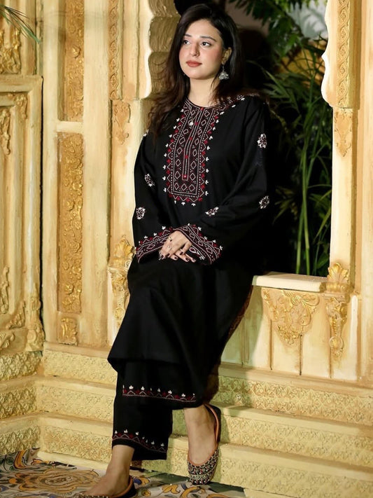 Black Pyara Jora Linen Embroidered Stitched 2-Piece Suit-Mid Night Embroidered Set