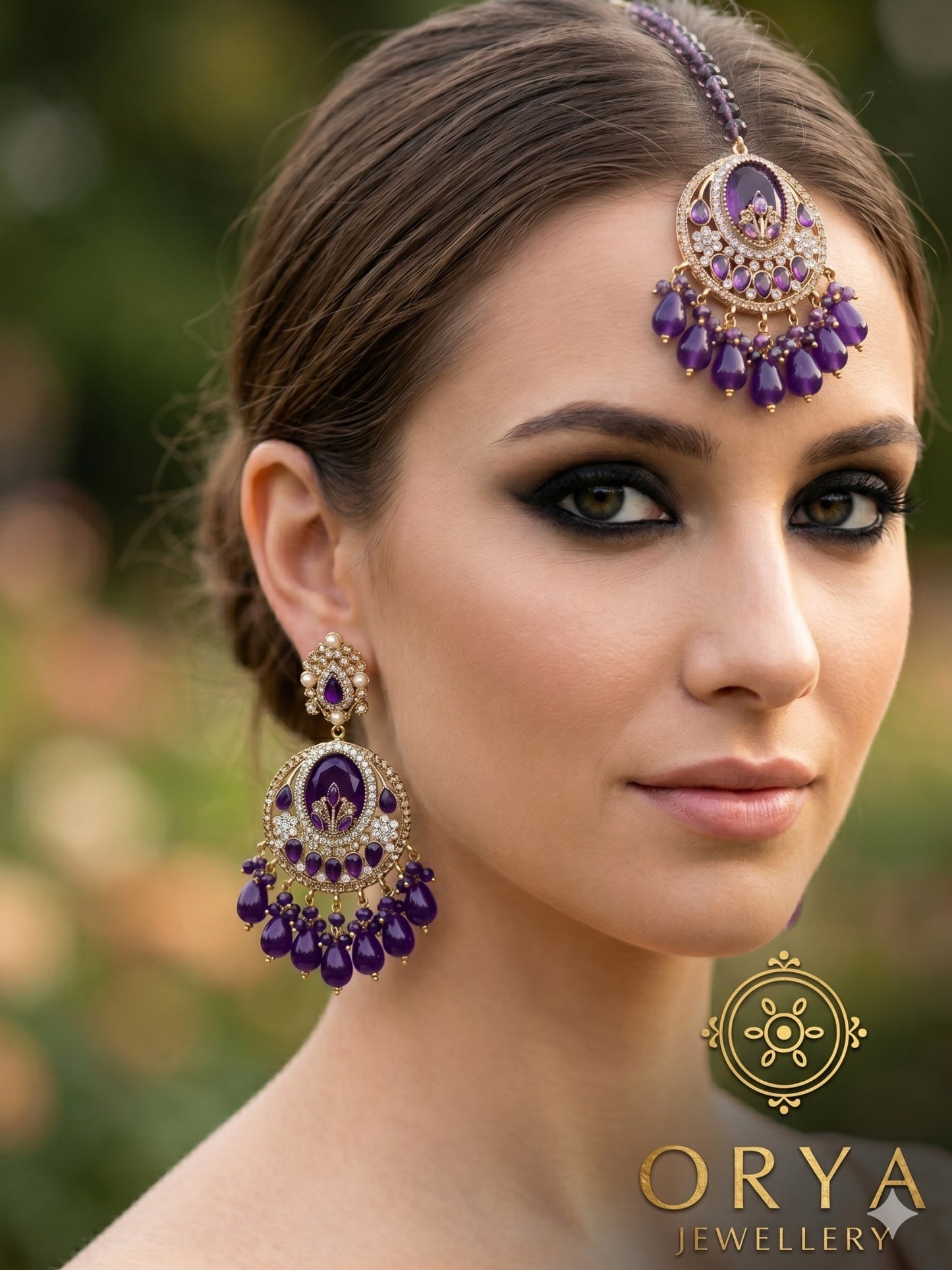 Orya Jewellery Maang Tikka Earrings Set-Purple S9