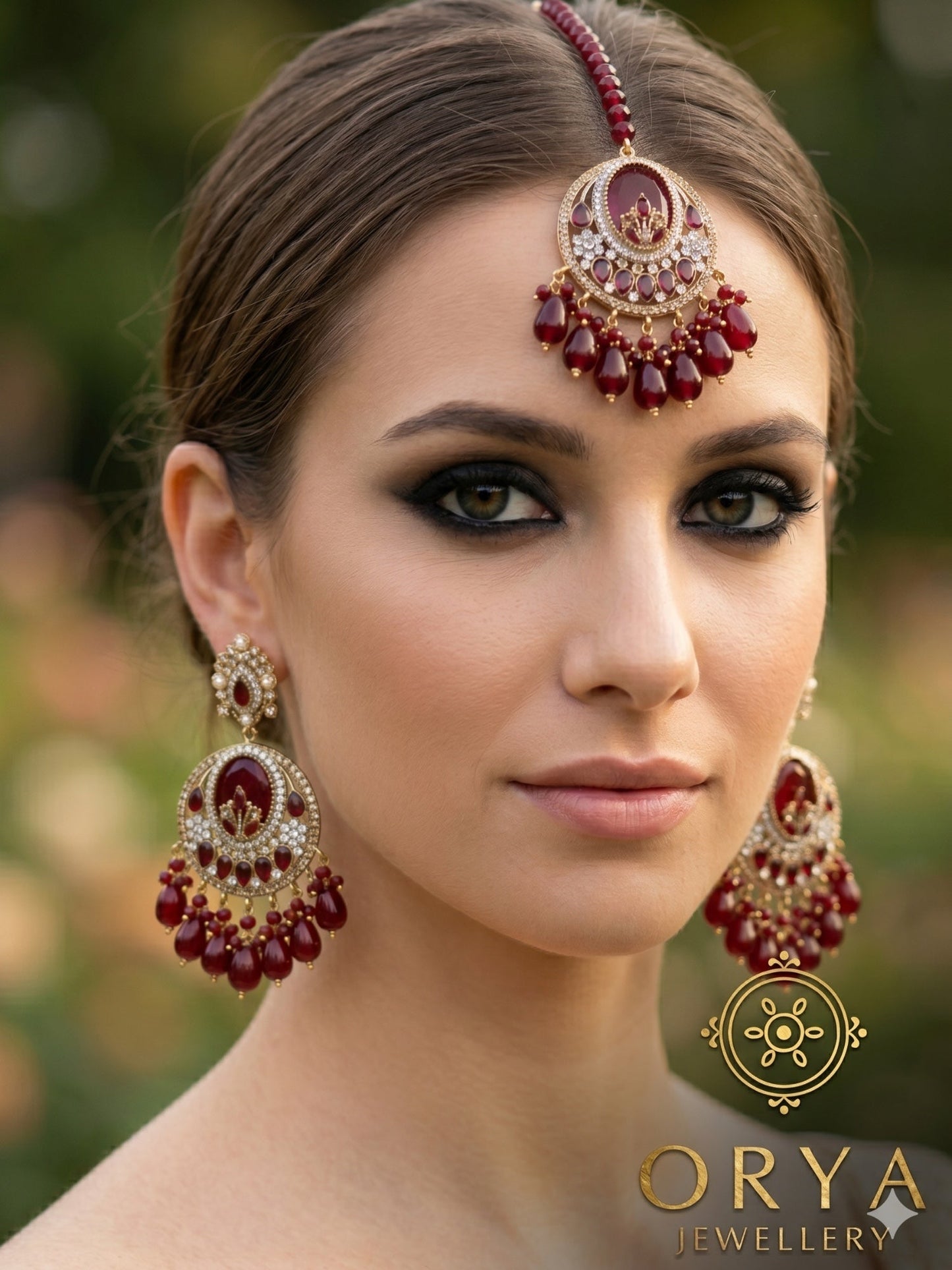 Orya Jewellery Maang Tikka Earrings Set-Maroon Red S6