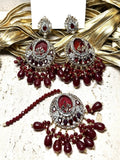 Orya Jewellery Maang Tikka Earrings Set-Maroon Red S6