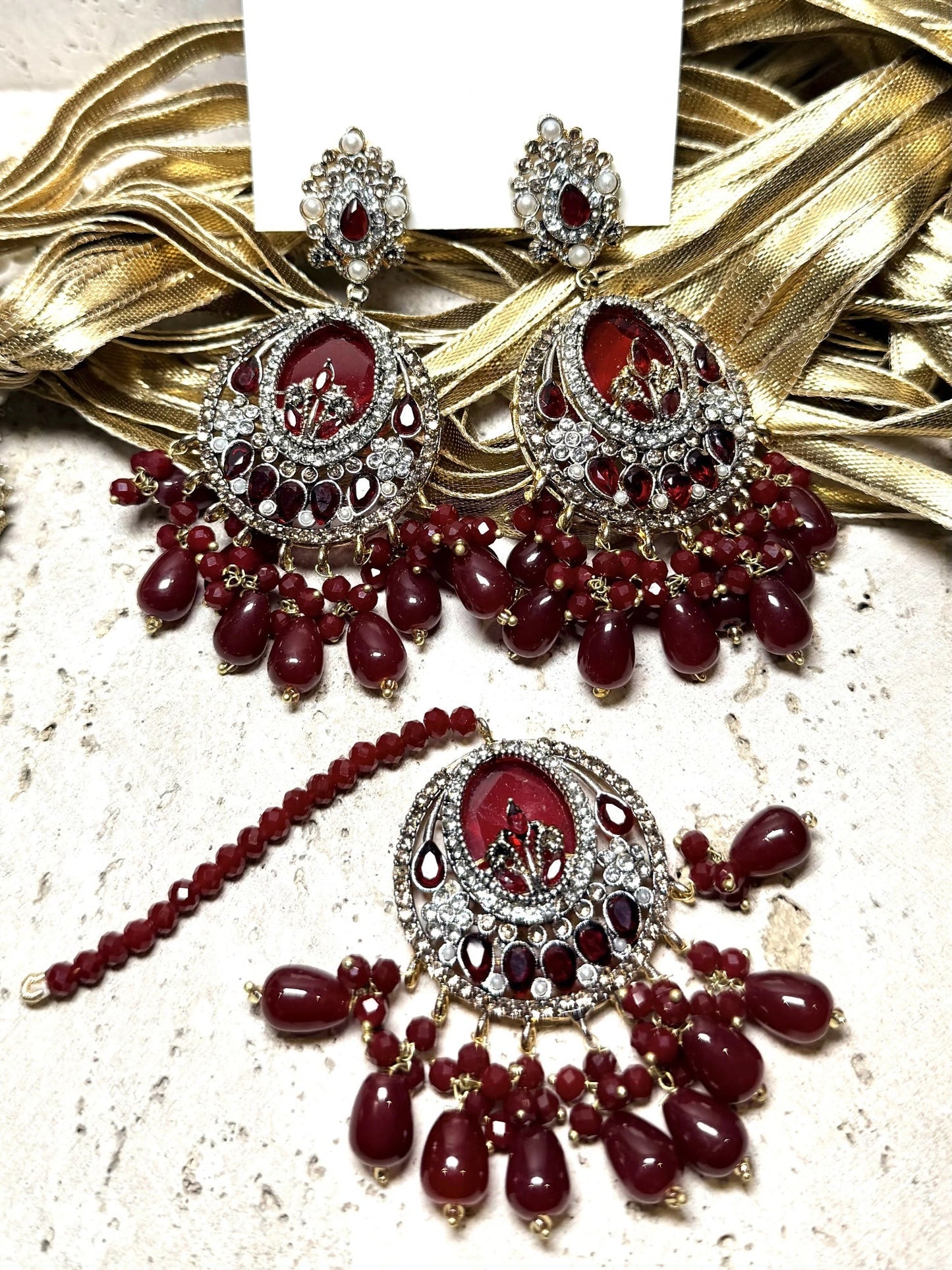Orya Jewellery Maang Tikka Earrings Set-Maroon Red S6