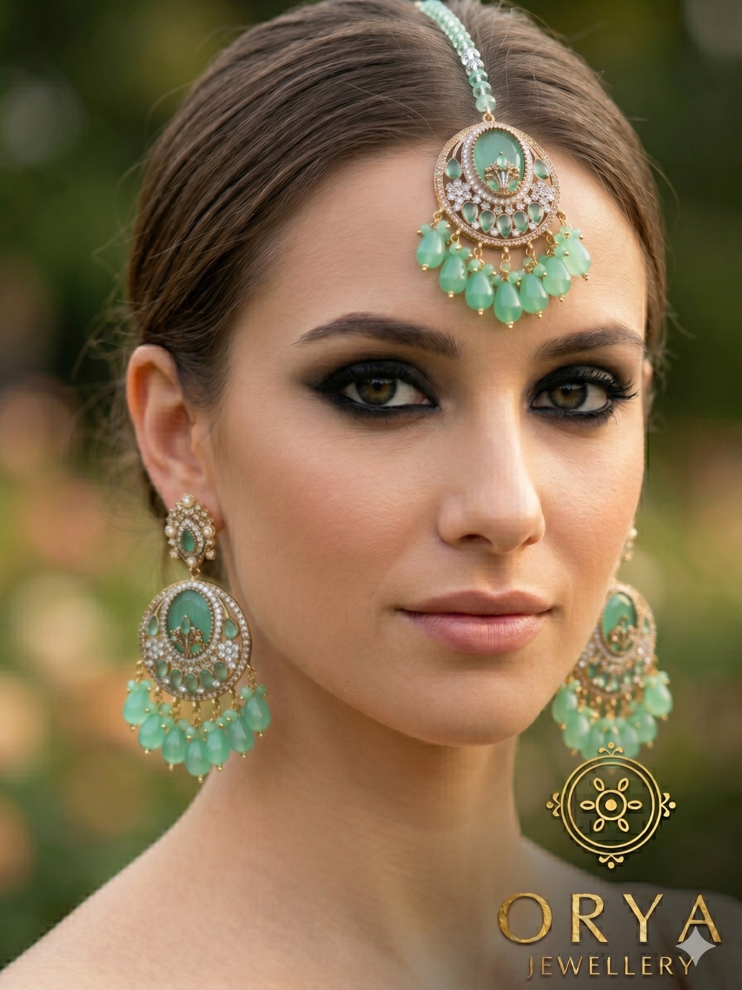 Orya Jewellery Maang Tikka Earrings Set-Jade Green S7
