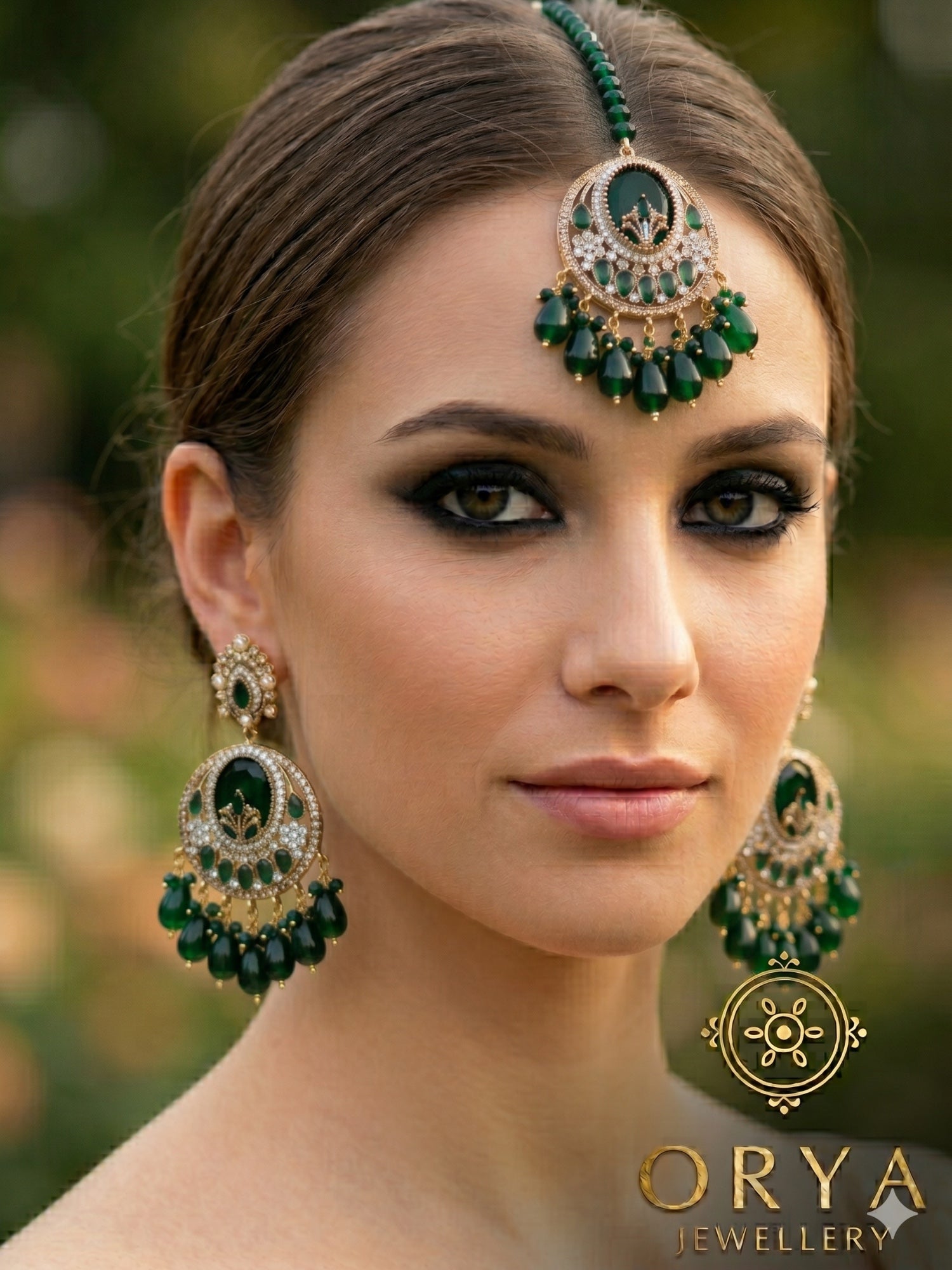 Orya Jewellery Maang Tikka Earrings Set-Emerald Green S10