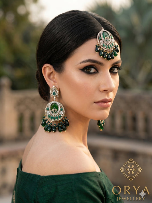 Orya Jewellery Maang Tikka Earrings Set-Emerald Green S10