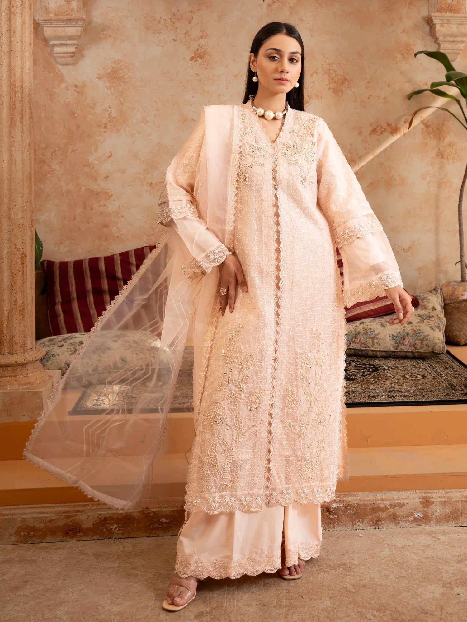 Peach Manahil Arts Organza Embellished Stitched 4-Piece Suit-Style code :181-Peach