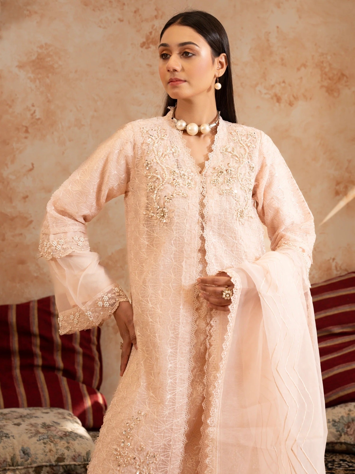 Peach Manahil Arts Organza Embellished Stitched 4-Piece Suit-Style code :181-Peach