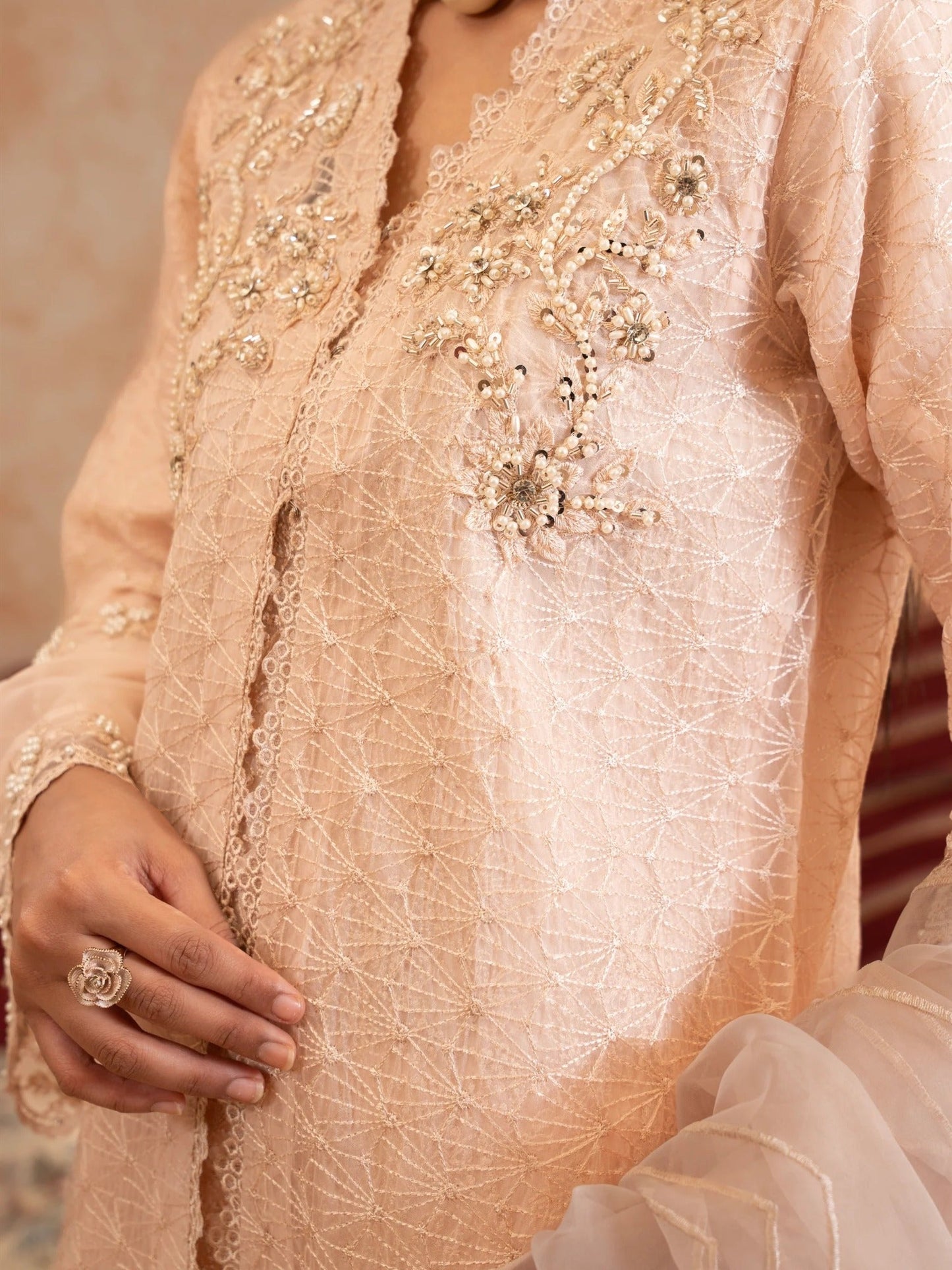 Peach Manahil Arts Organza Embellished Stitched 4-Piece Suit-Style code :181-Peach