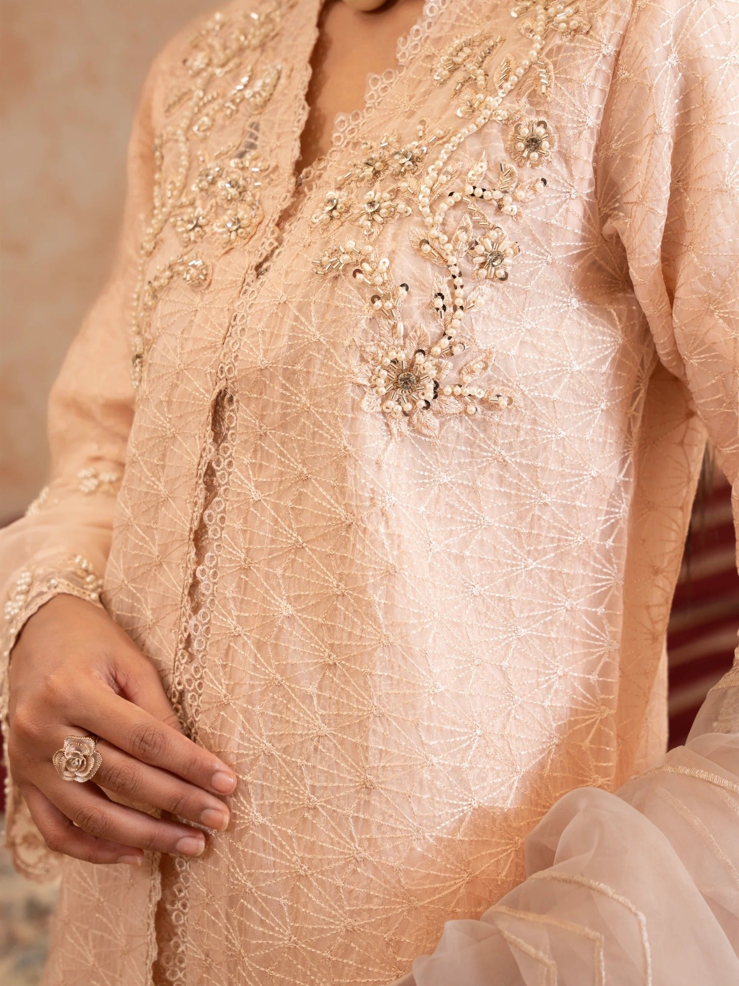 Peach Manahil Arts Organza Embellished Stitched 4-Piece Suit-Style code :181-Peach