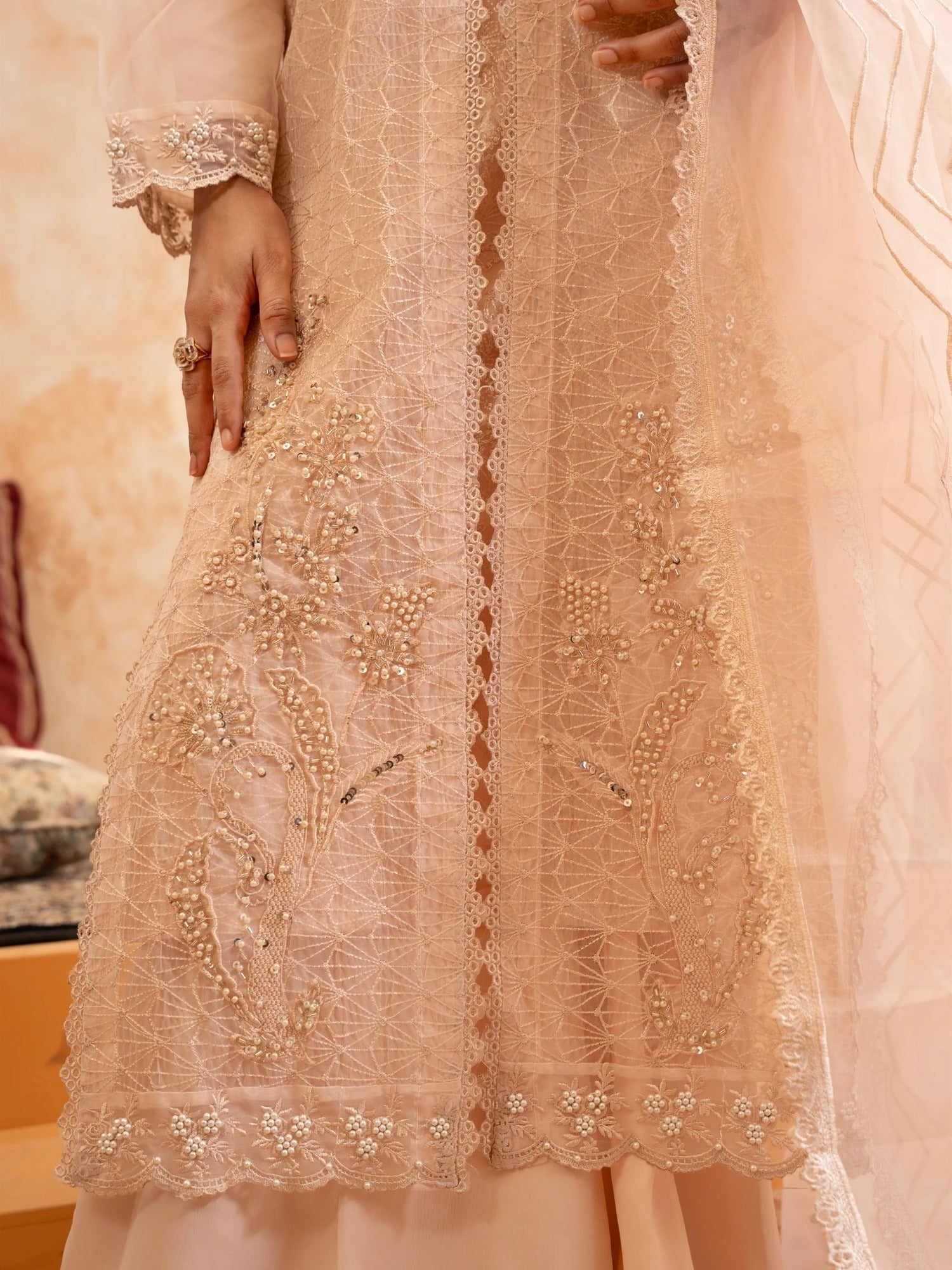 Peach Manahil Arts Organza Embellished Stitched 4-Piece Suit-Style code :181-Peach
