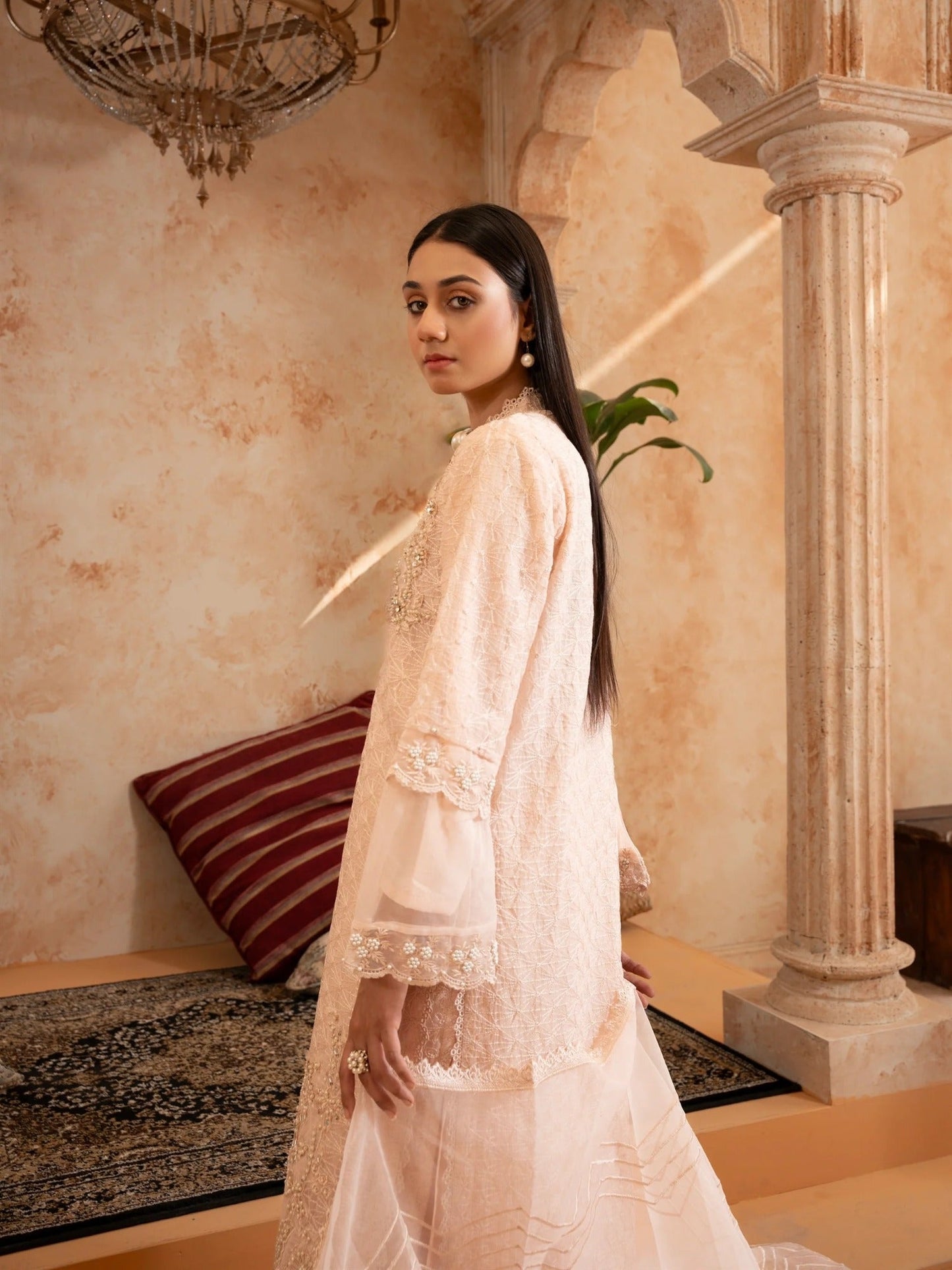 Peach Manahil Arts Organza Embellished Stitched 4-Piece Suit-Style code :181-Peach