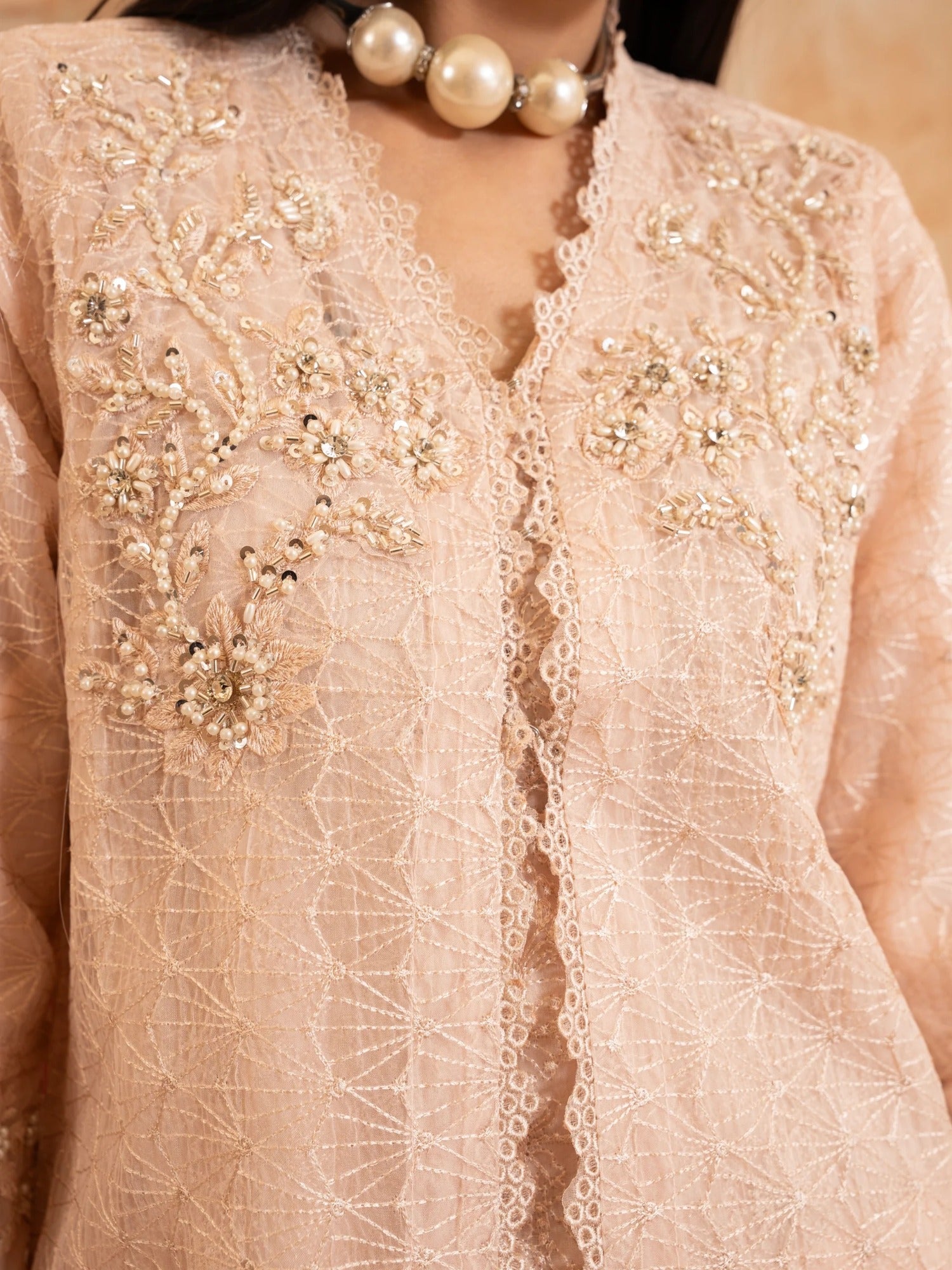 Peach Manahil Arts Organza Embellished Stitched 4-Piece Suit-Style code :181-Peach