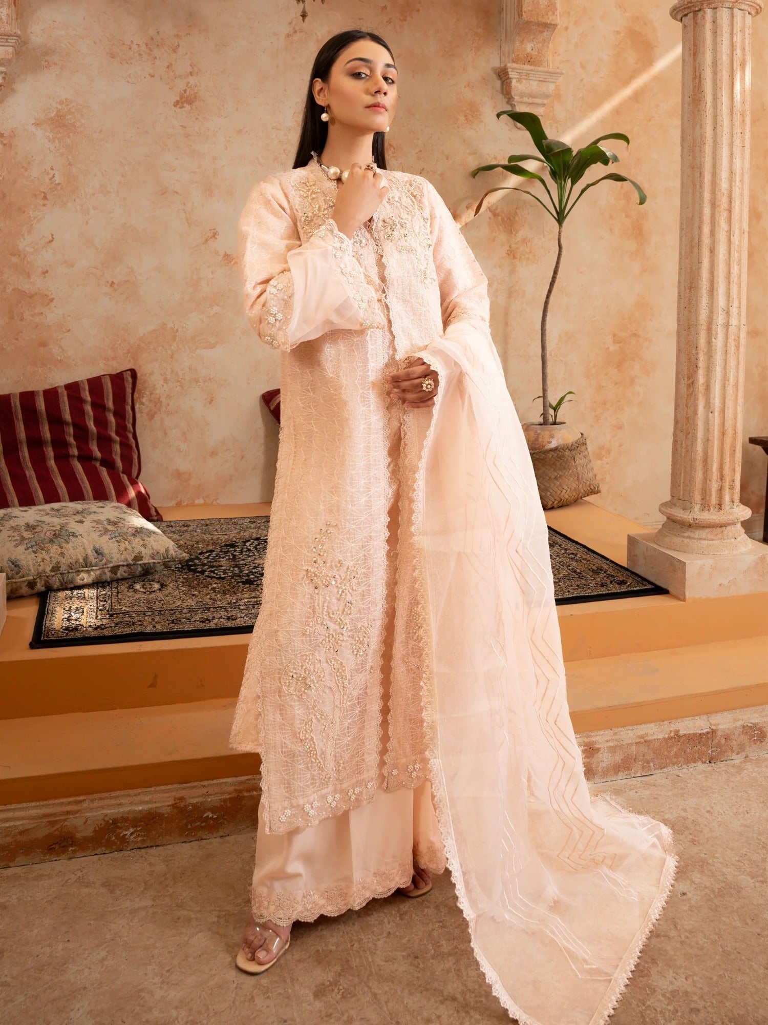 Peach Manahil Arts Organza Embellished Stitched 4-Piece Suit-Style code :181-Peach
