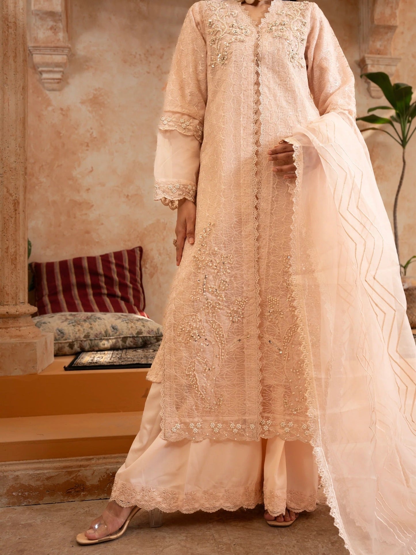 Peach Manahil Arts Organza Embellished Stitched 4-Piece Suit-Style code :181-Peach