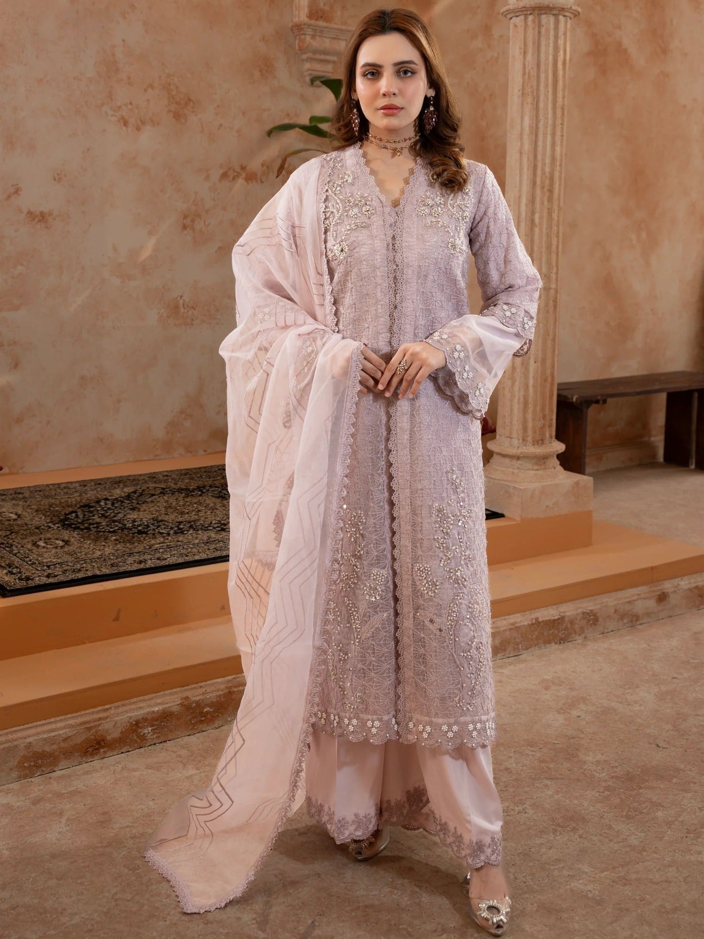 Lilac Manahil Arts Organza Embellished Stitched 4-Piece Suit-Style code :181-Lilac