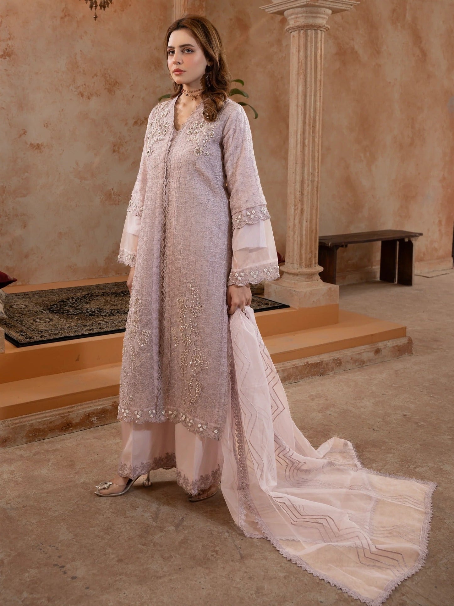 Lilac Manahil Arts Organza Embellished Stitched 4-Piece Suit-Style code :181-Lilac