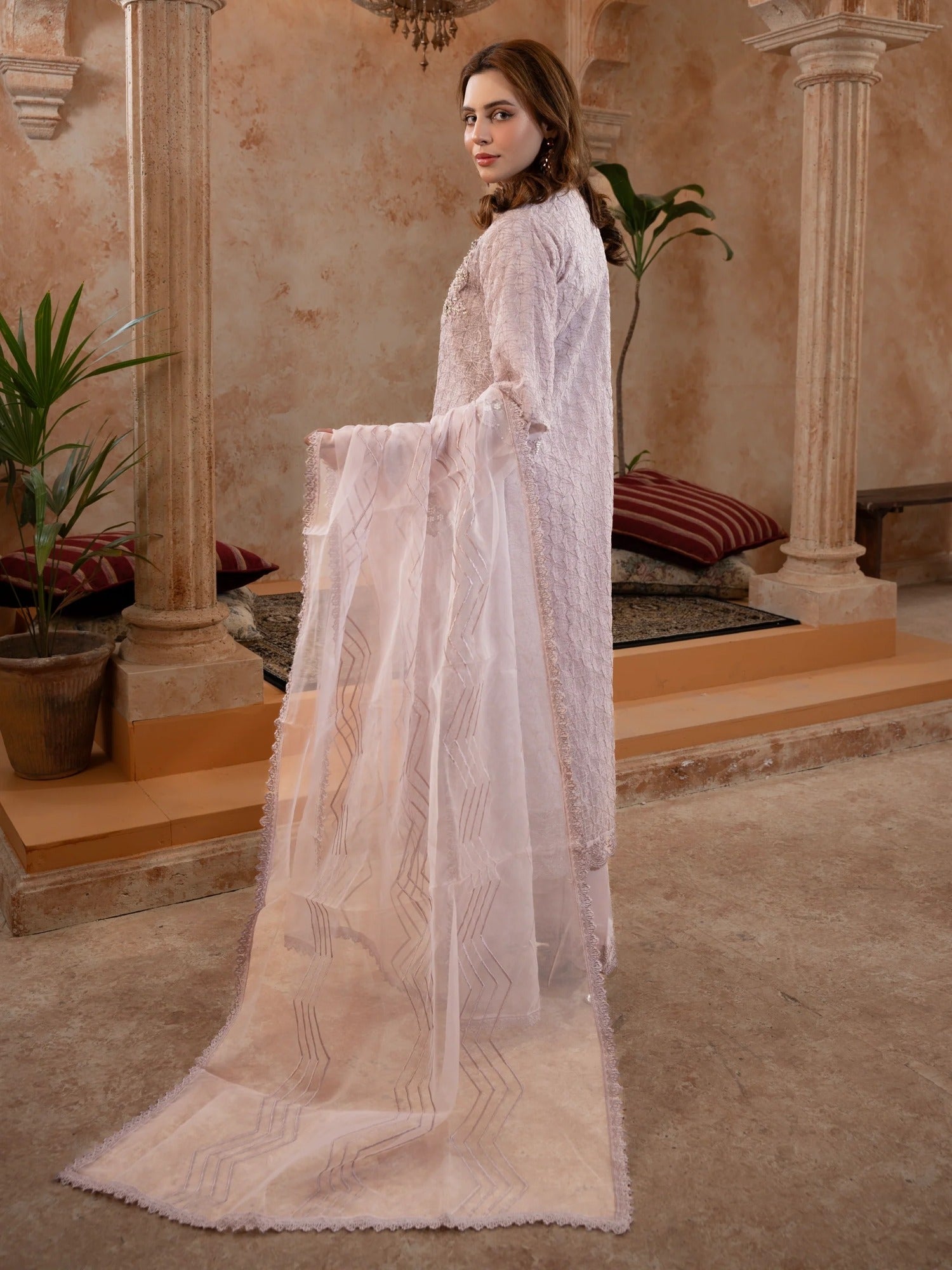 Lilac Manahil Arts Organza Embellished Stitched 4-Piece Suit-Style code :181-Lilac