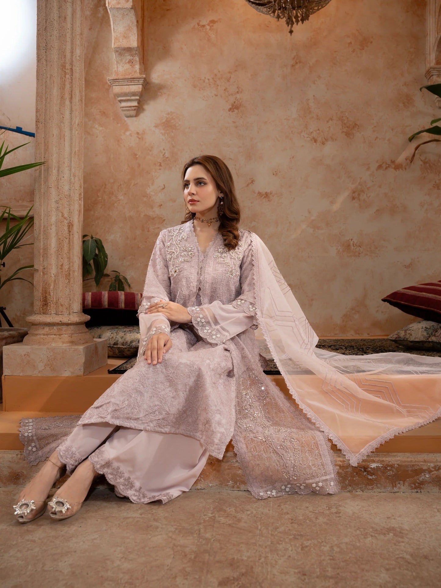 Lilac Manahil Arts Organza Embellished Stitched 4-Piece Suit-Style code :181-Lilac
