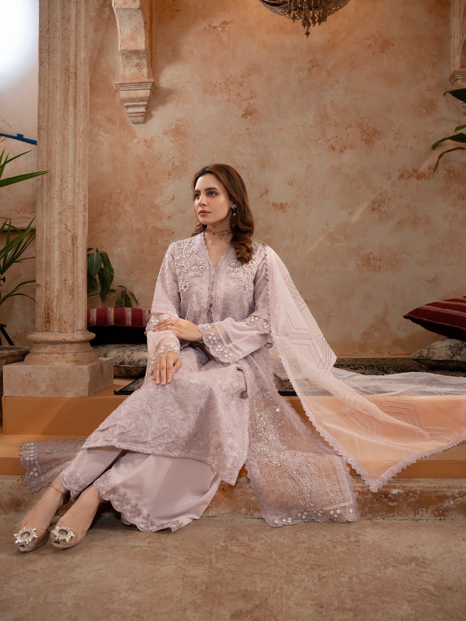 Lilac Manahil Arts Organza Embellished Stitched 4-Piece Suit-Style code :181-Lilac