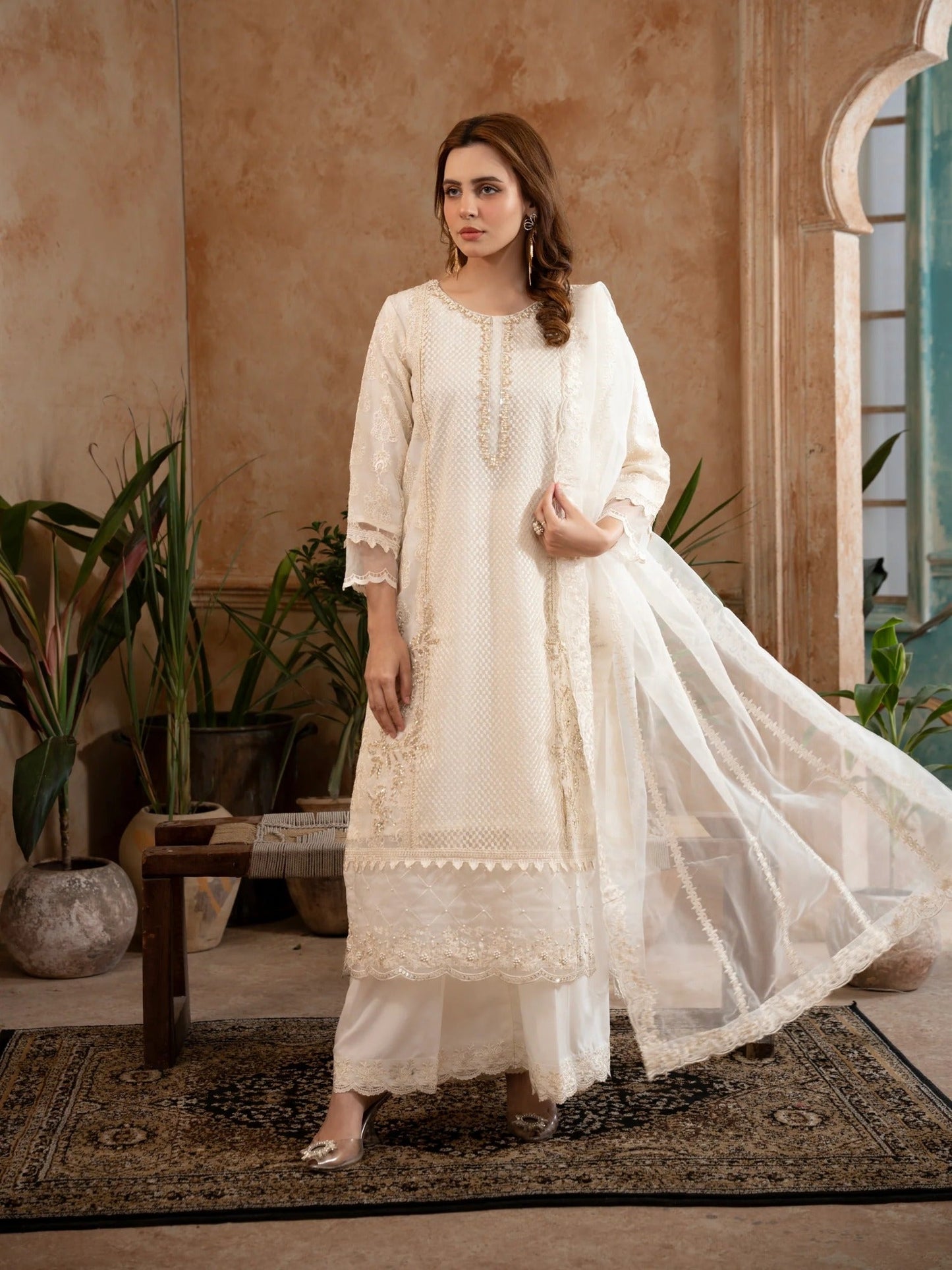 White Manahil Arts Organza Embellished Stitched 3-Piece Suit-Style code :182-Off White