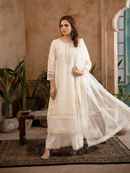 White Manahil Arts Organza Embellished Stitched 3-Piece Suit-Style code :182-Off White