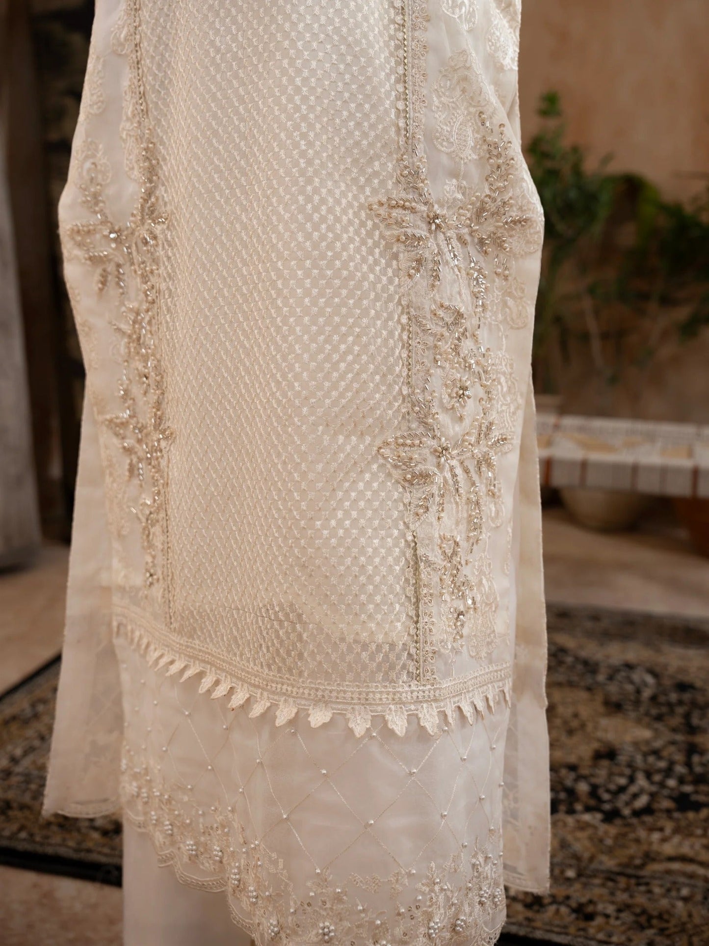 White Manahil Arts Organza Embellished Stitched 3-Piece Suit-Style code :182-Off White