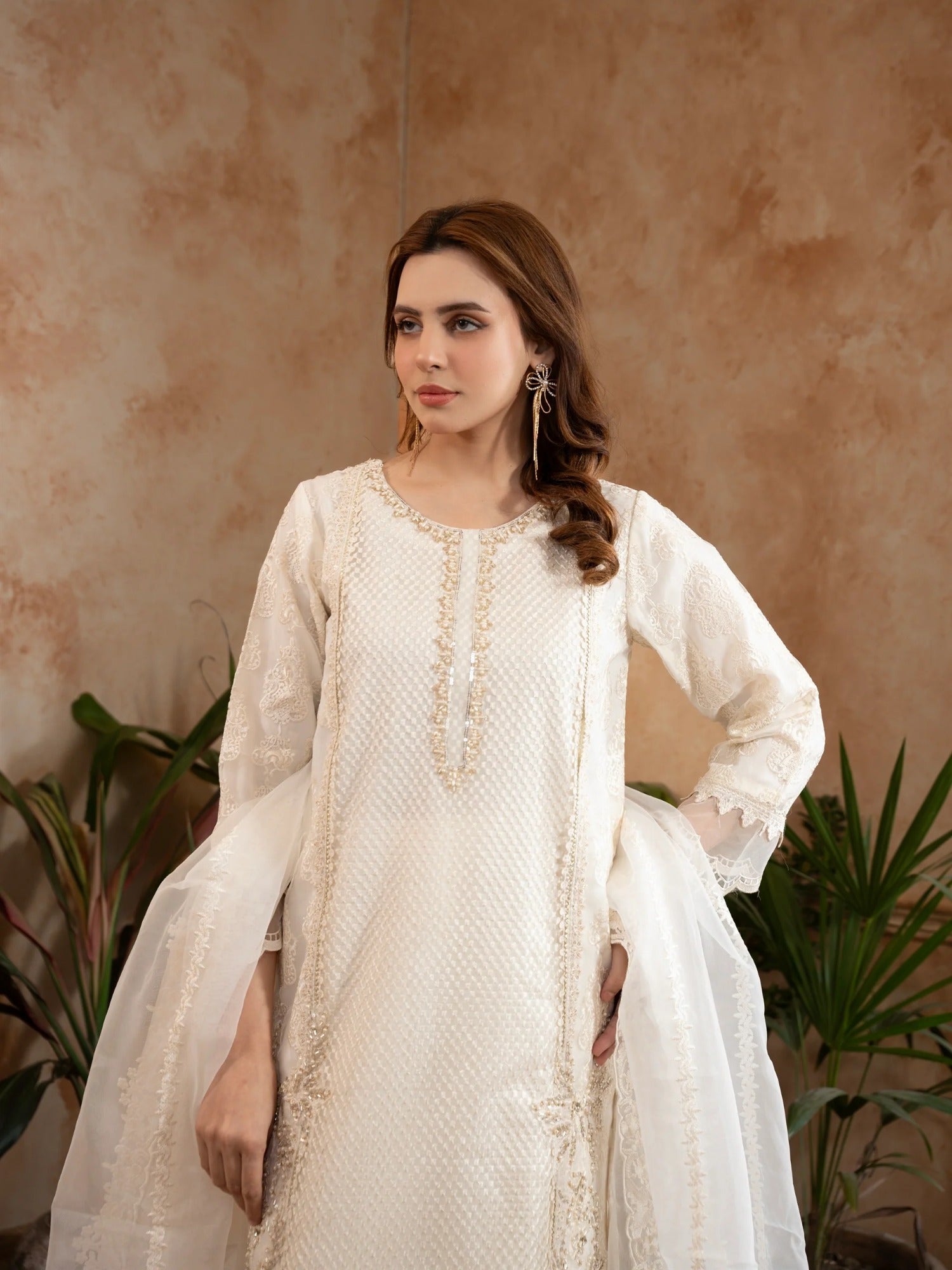 White Manahil Arts Organza Embellished Stitched 3-Piece Suit-Style code :182-Off White