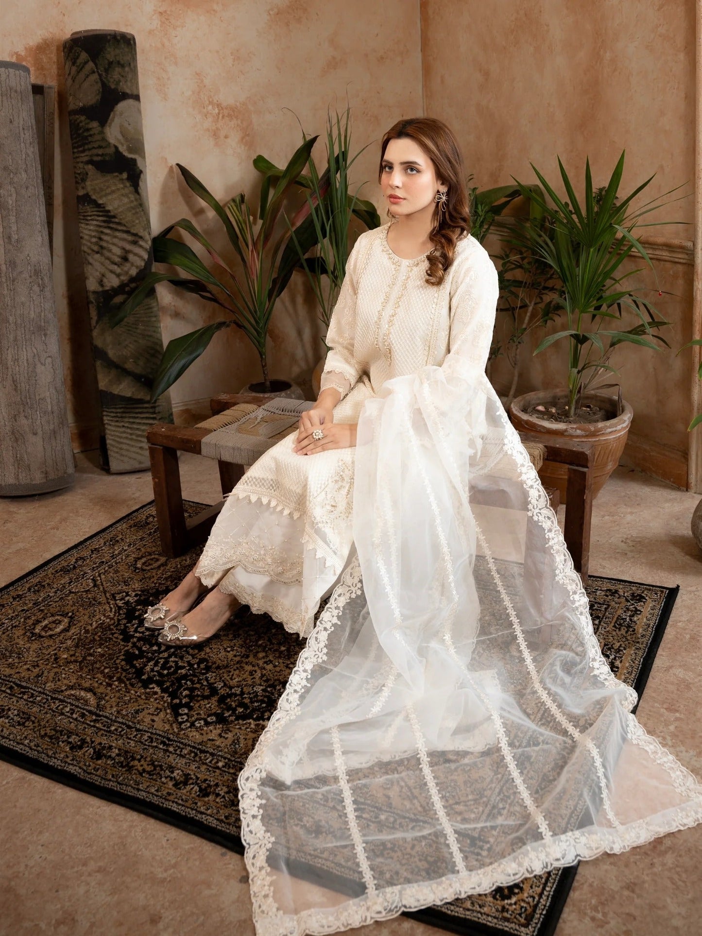 White Manahil Arts Organza Embellished Stitched 3-Piece Suit-Style code :182-Off White