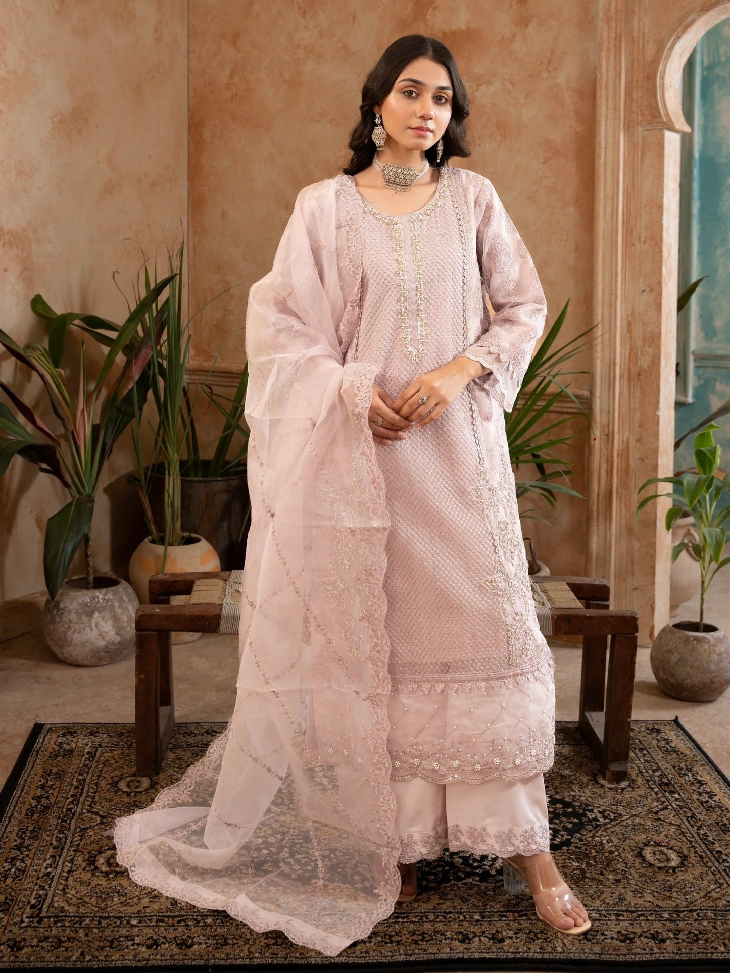 Lilac Manahil Arts Organza Embellished Stitched 3-Piece Suit-Style code :182-Lilac