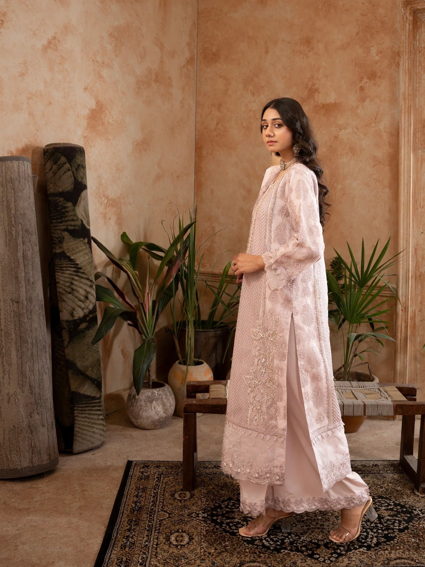 Lilac Manahil Arts Organza Embellished Stitched 3-Piece Suit-Style code :182-Lilac