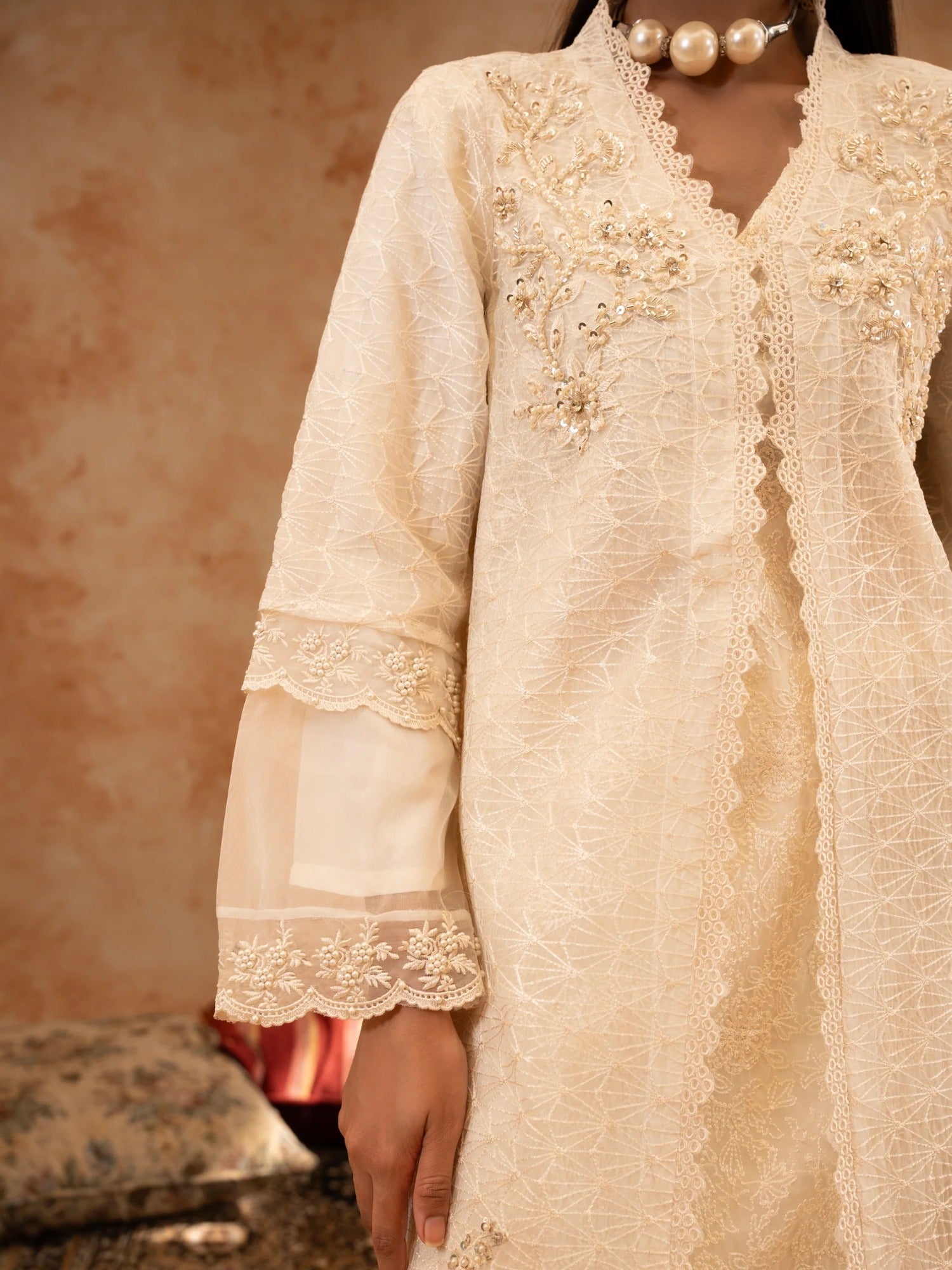 Manahil Arts Organza Embellished Stitched 4-Piece Suit-Style code :181-Off White