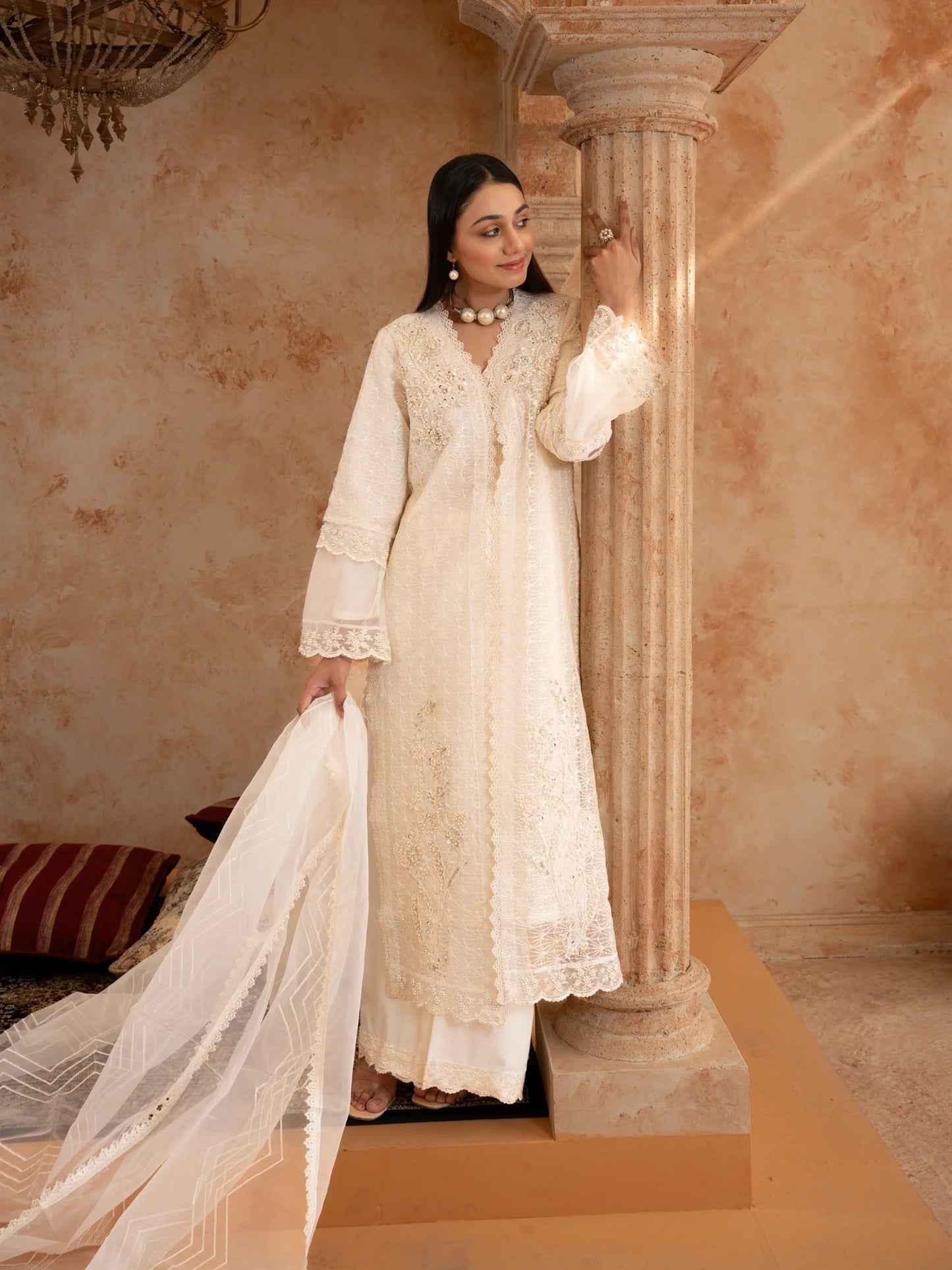 Manahil Arts Organza Embellished Stitched 4-Piece Suit-Style code :181-Off White
