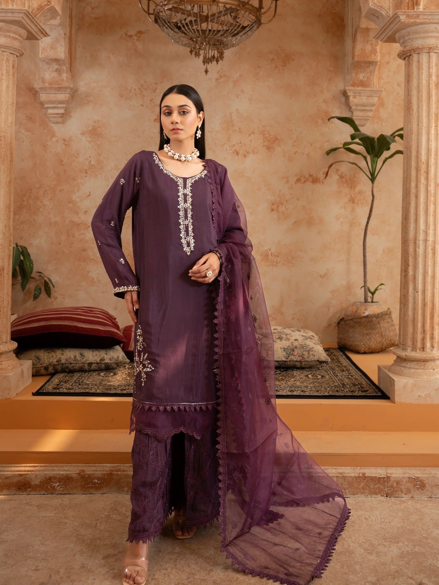 Purple Manahil Arts Raw Silk Embellished Stitched 3-Piece Suit-Style code :186-Purple