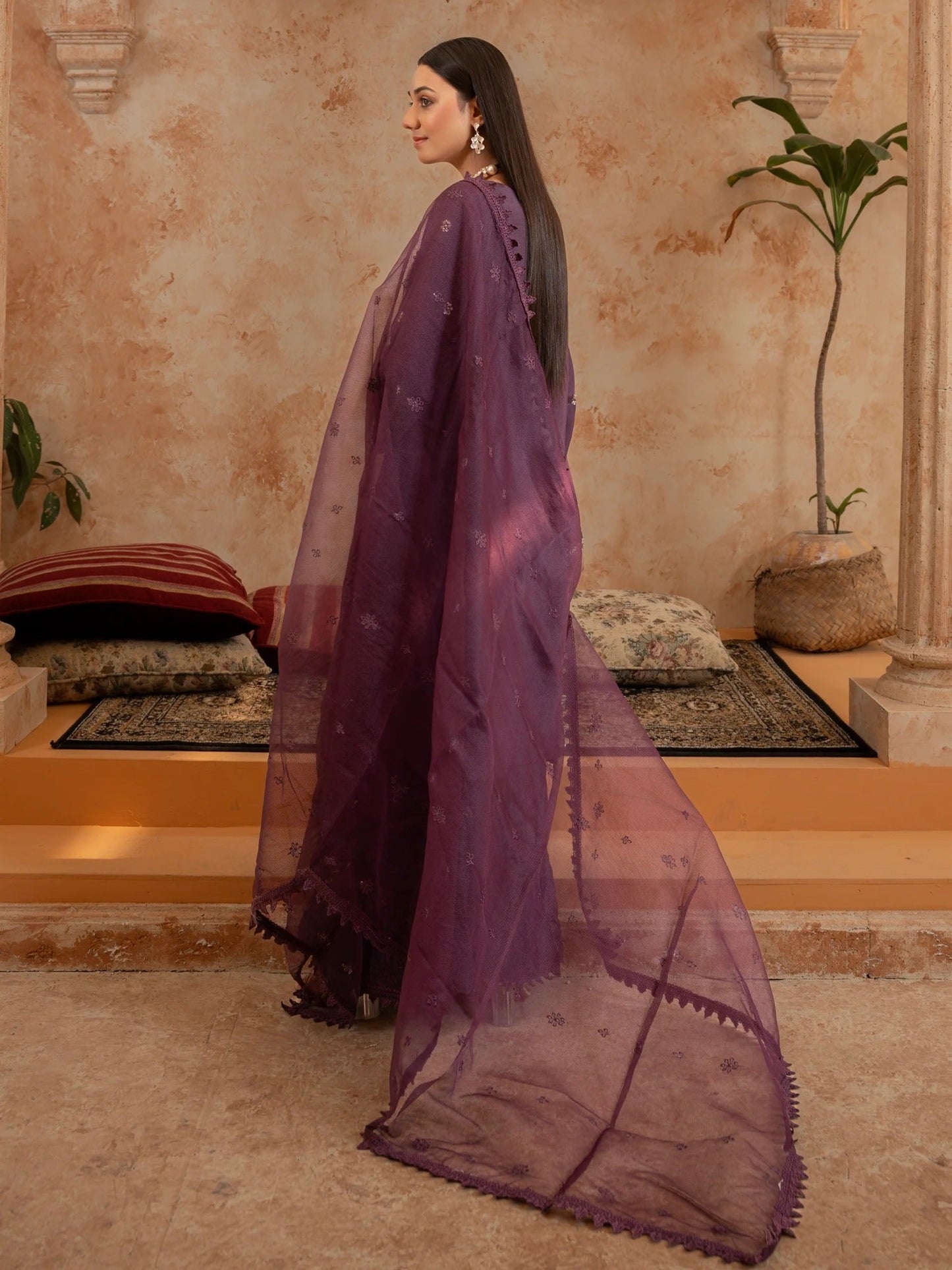 Purple Manahil Arts Raw Silk Embellished Stitched 3-Piece Suit-Style code :186-Purple