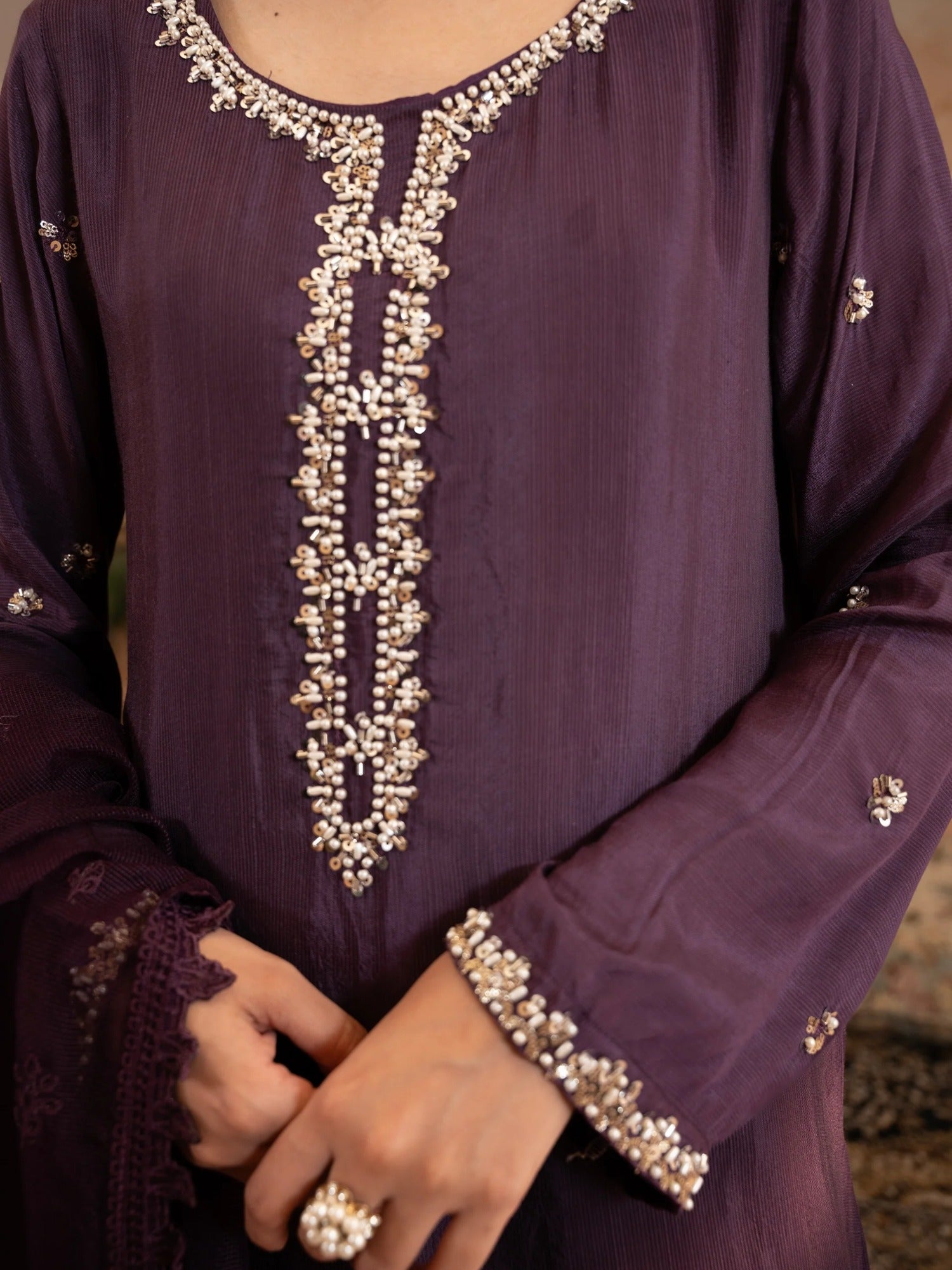 Purple Manahil Arts Raw Silk Embellished Stitched 3-Piece Suit-Style code :186-Purple